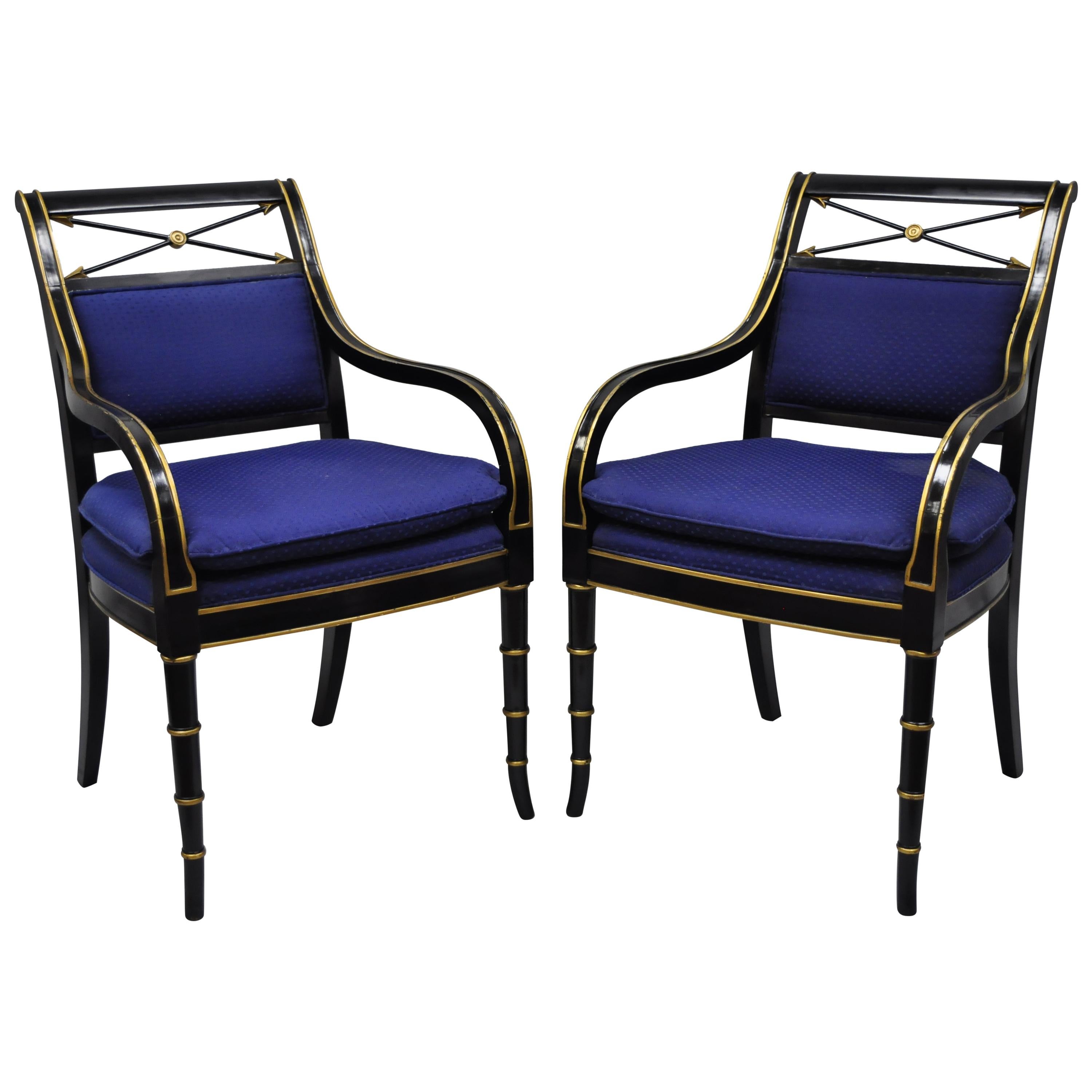 Black & Gold English Regency Style Arrow Back Armchairs Neoclassical Chair, Pair