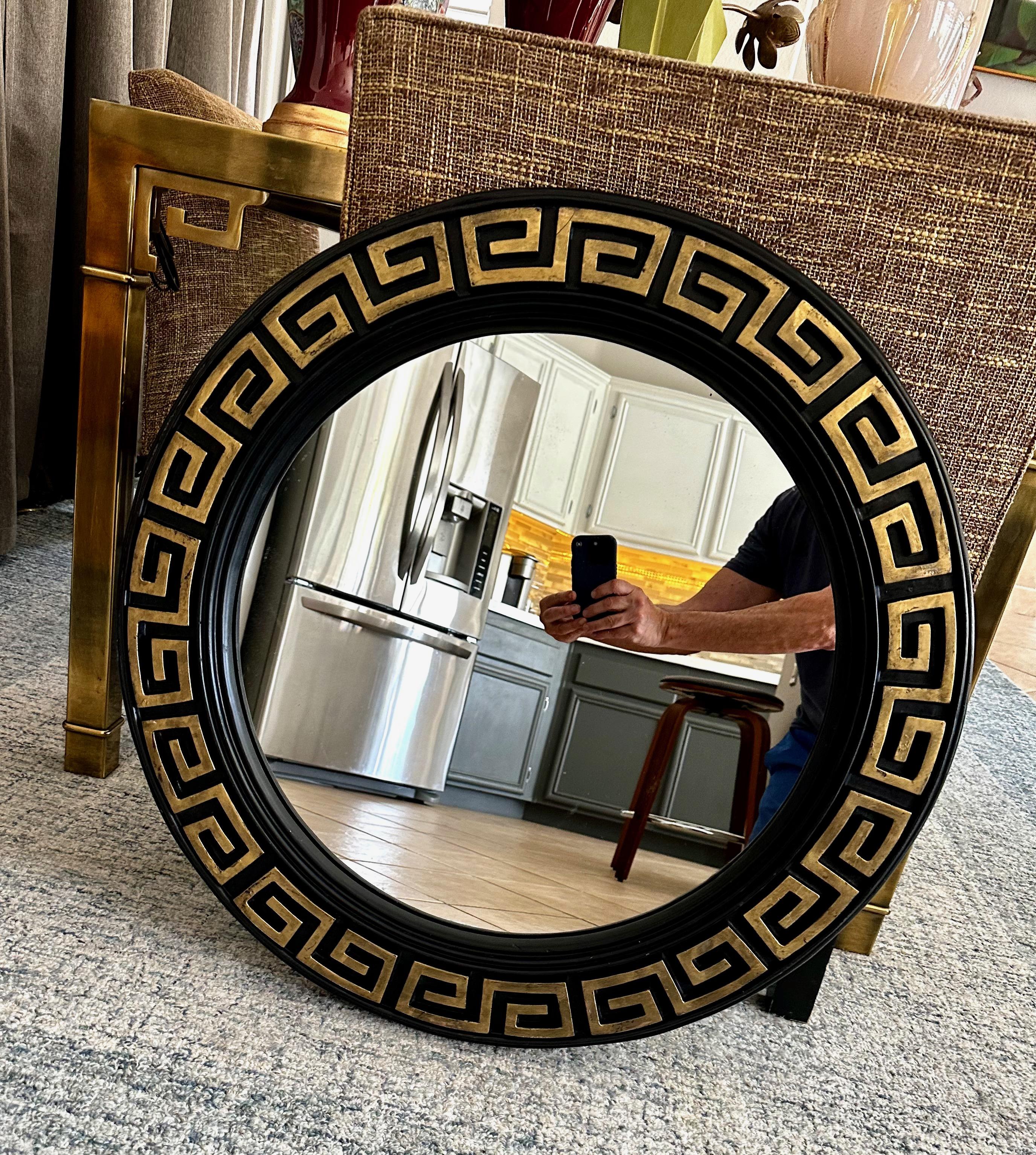 Black & Gold Greek Key Wall Mirror In Good Condition For Sale In Palm Springs, CA