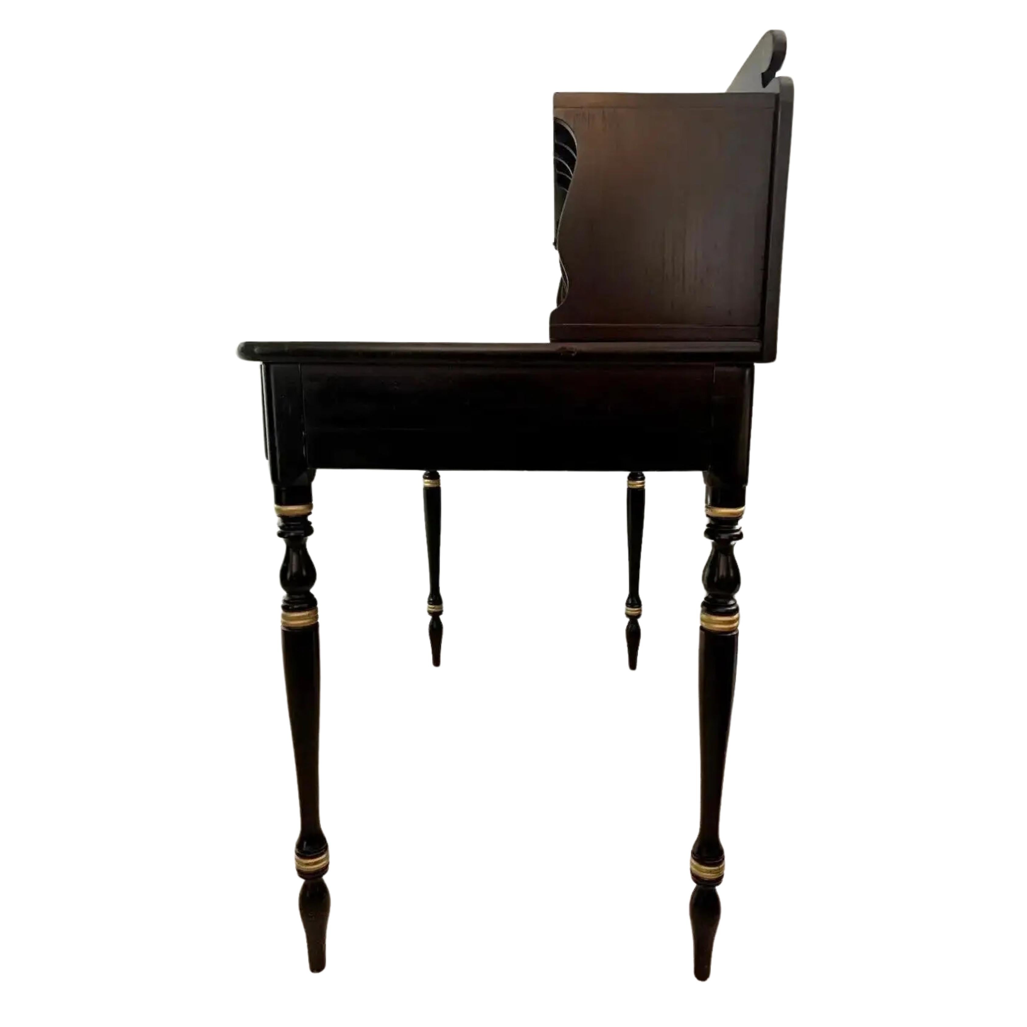 20th Century Black & Gold Hitchcock Style Secretary Desk & Chair - 2pc Set For Sale