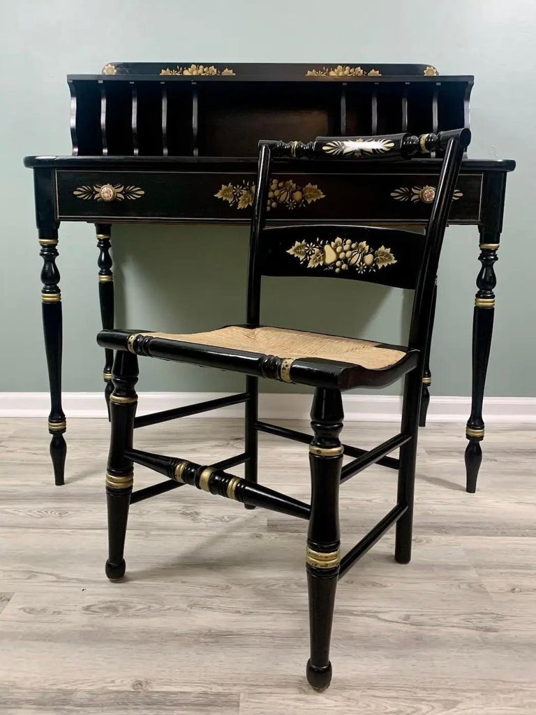 Black and Gold Hitchcock Style Secretary Desk and Chair 2pc Set For