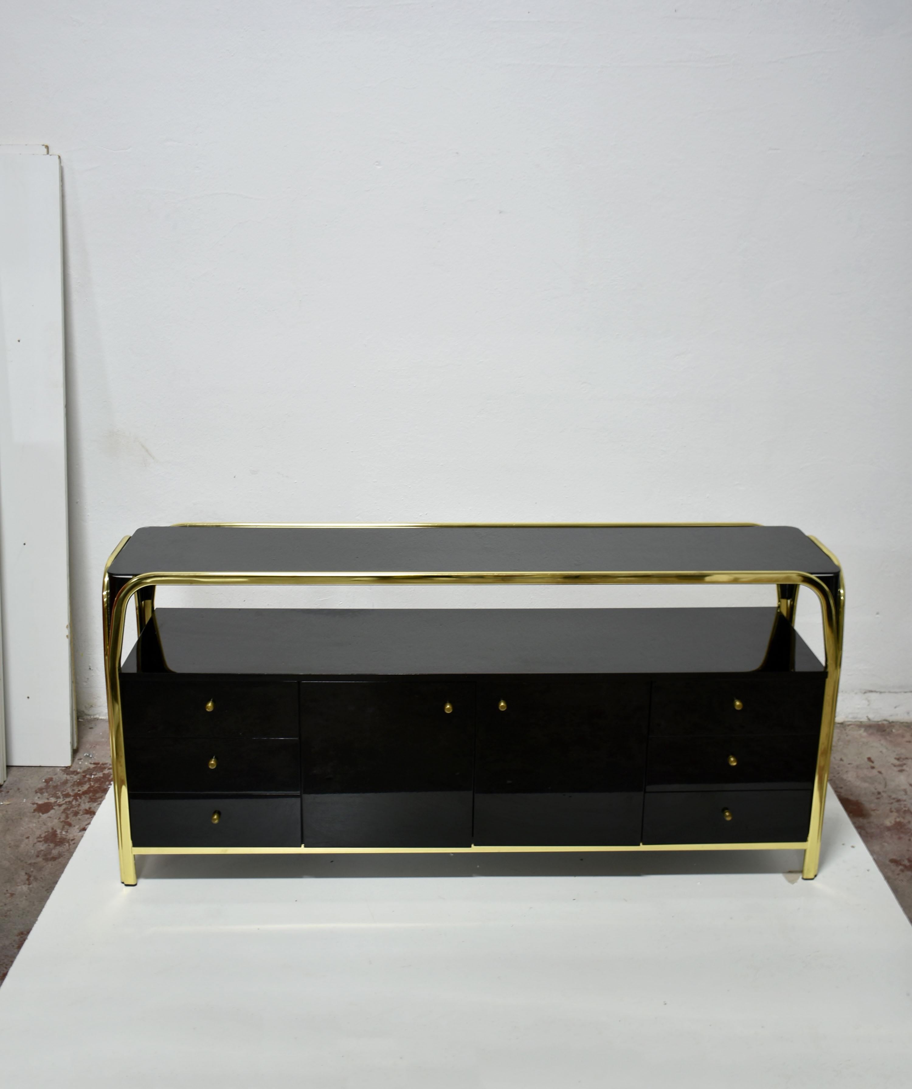 Lacquered Black & Gold Italian Sideboard Credenza, 1970s Hollywood Regency Era