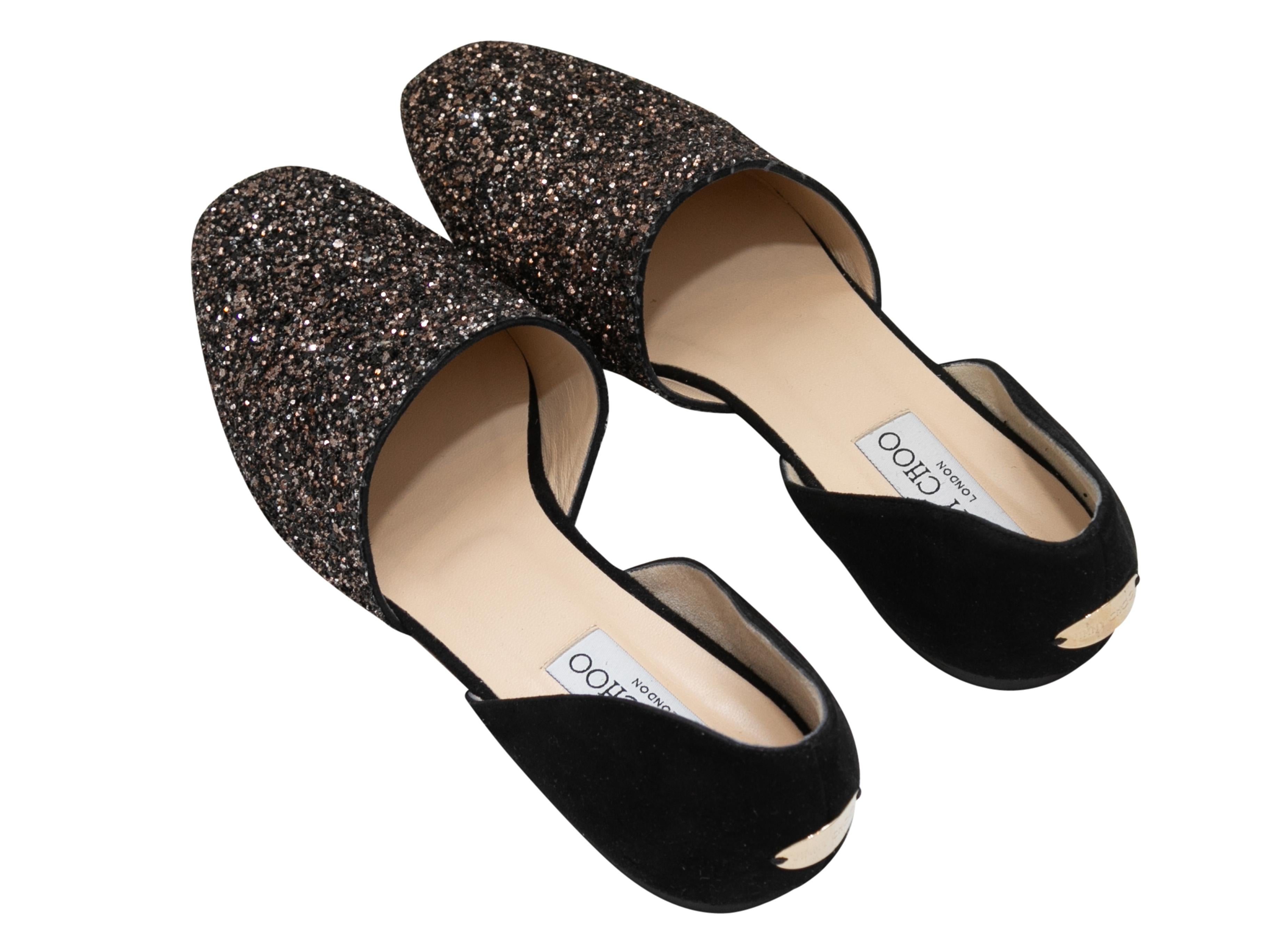 Black & Gold Jimmy Choo Suede & Glitter d'Orsay Flats Size 37.5 In Good Condition In New York, NY