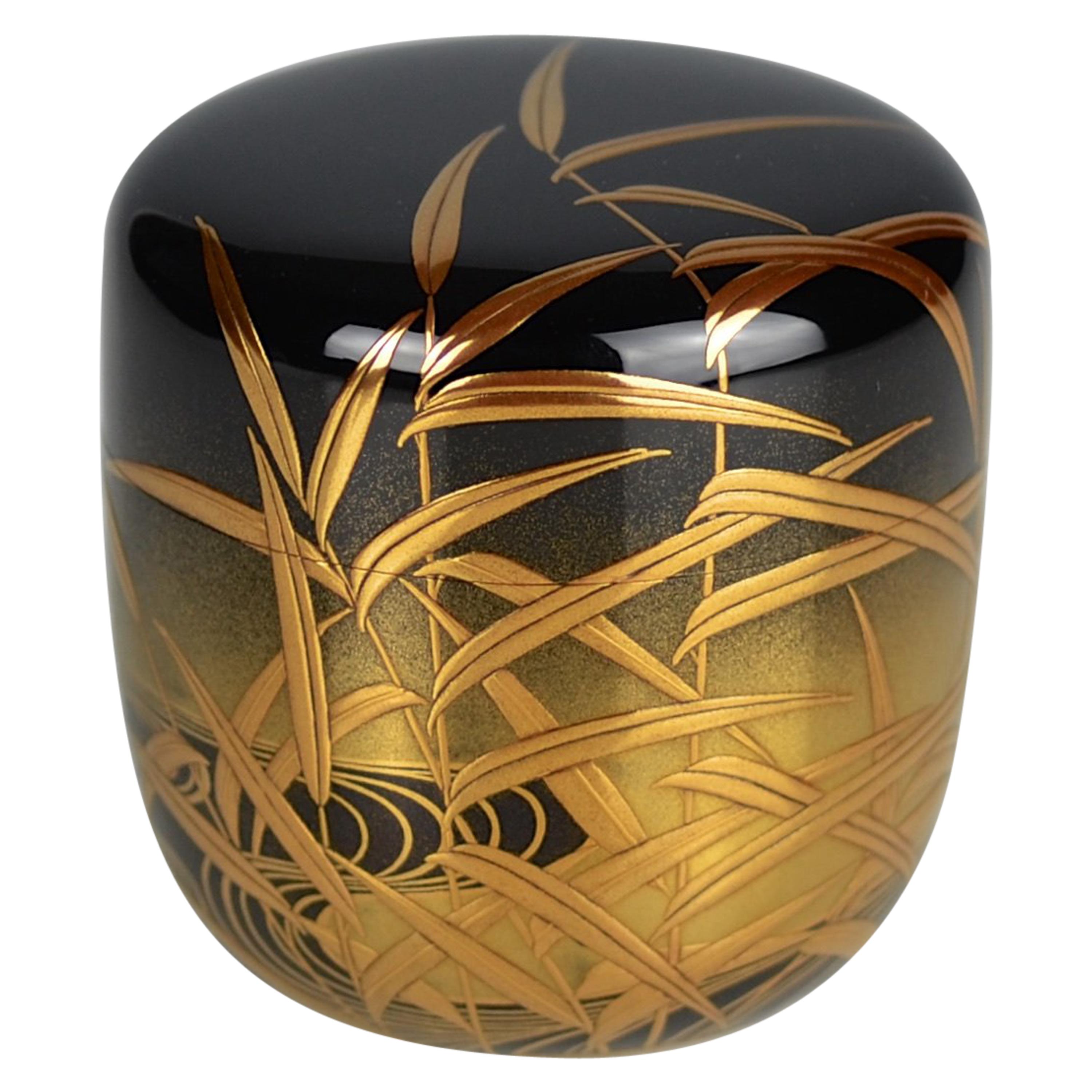 Black Gold Lacquer Tea Caddy Natsume with River Scene by Kawabata Kinsa V For Sale