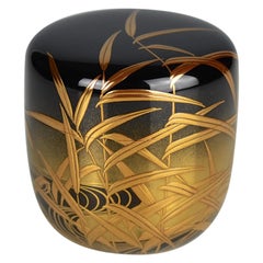 Black Gold Lacquer Tea Caddy Natsume with River Scene by Kawabata Kinsa V