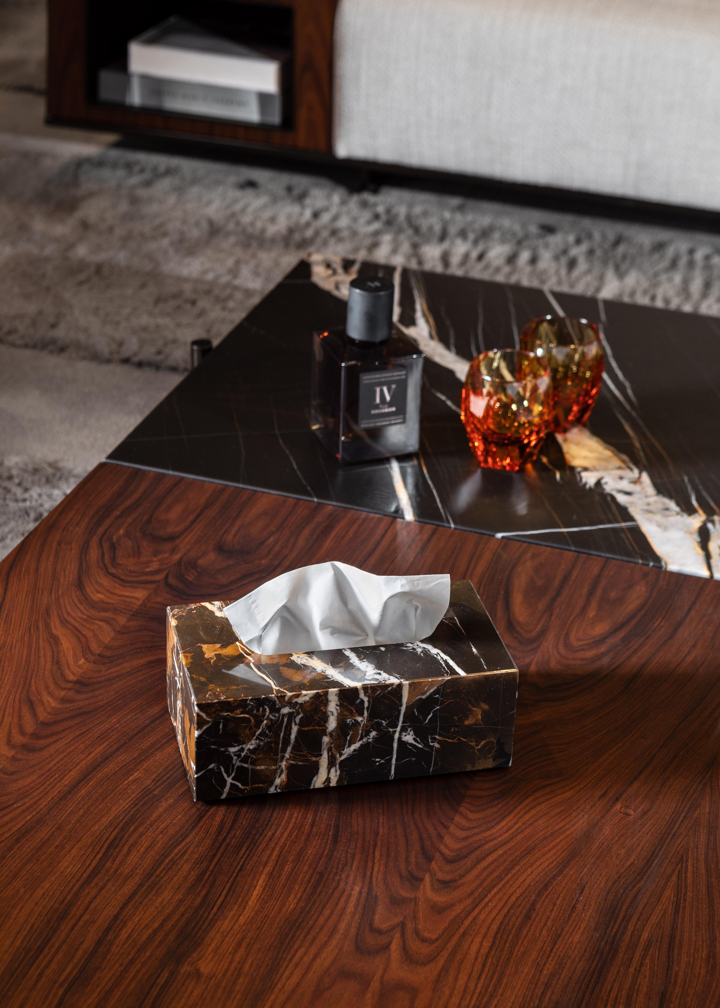 Hand-Crafted Black & Gold Marble Rectangular Tissue Box For Sale