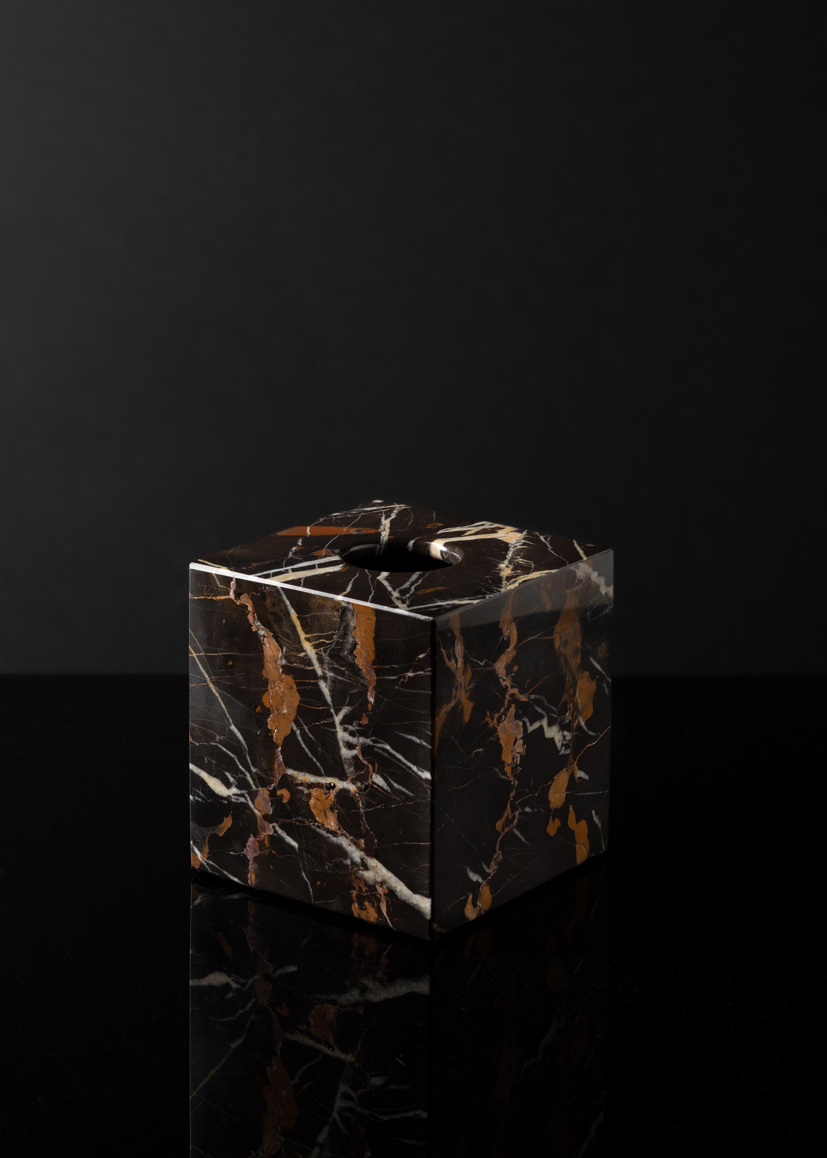 Hand-Crafted Black & Gold Marble Square Tissue Box For Sale