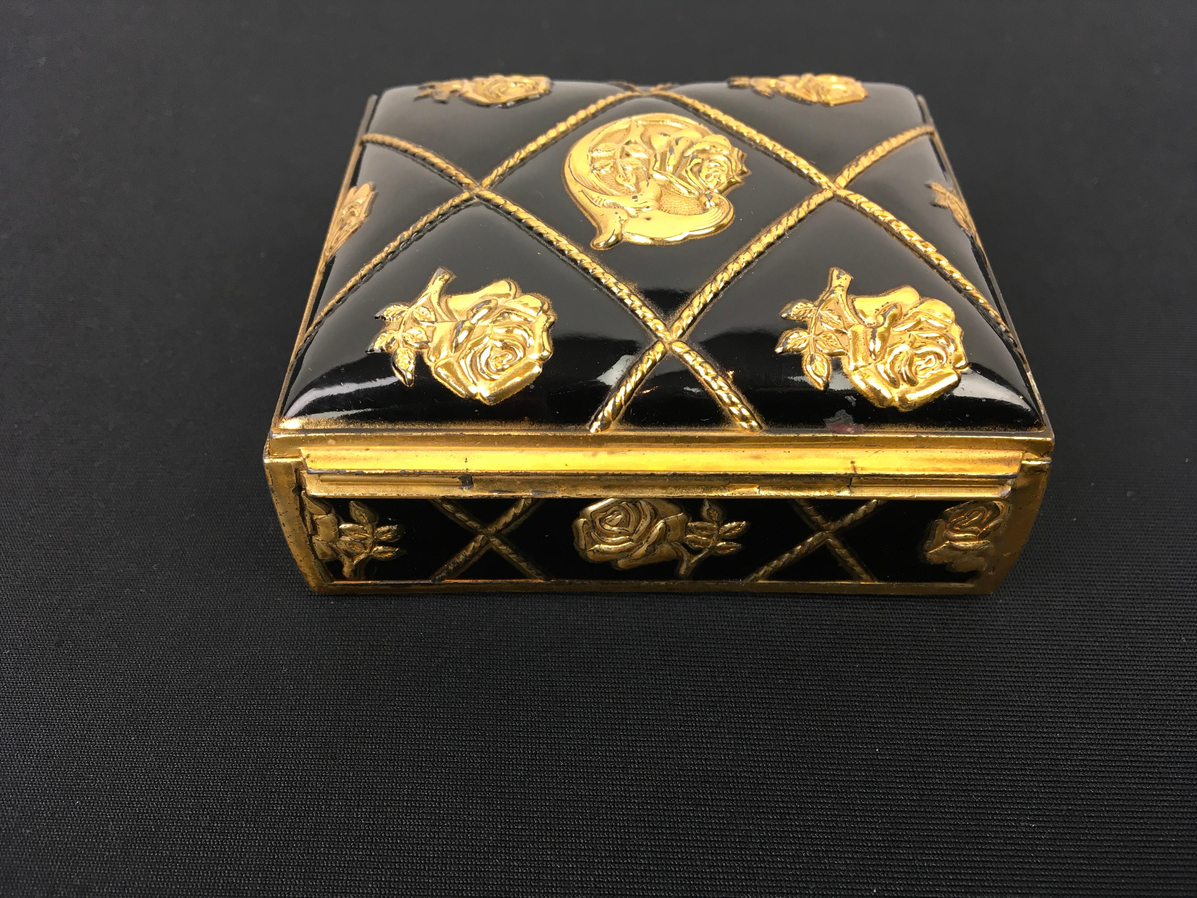 Mid-Century Modern Black Gold Metal Jewelry Box or Trinket Box with Roses For Sale