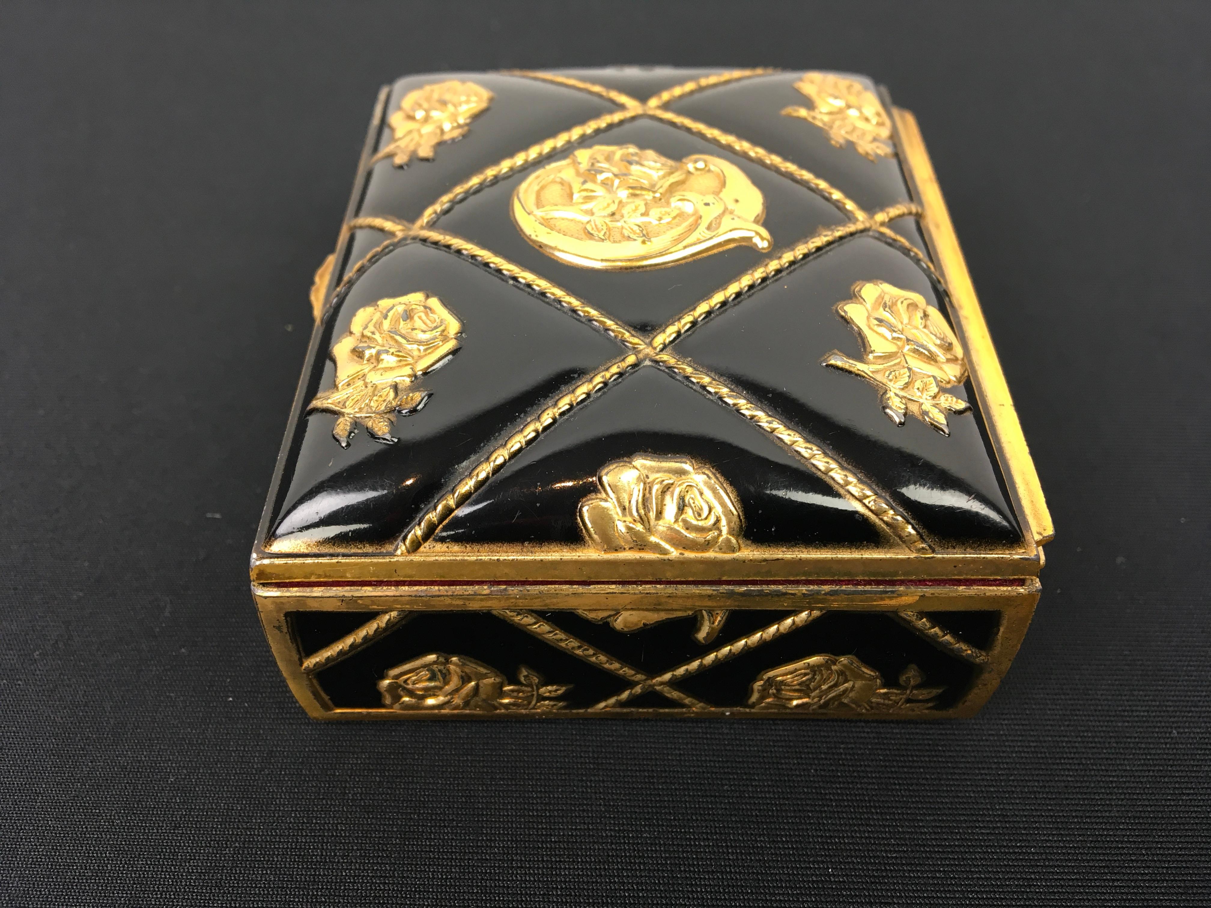 European Black Gold Metal Jewelry Box or Trinket Box with Roses For Sale