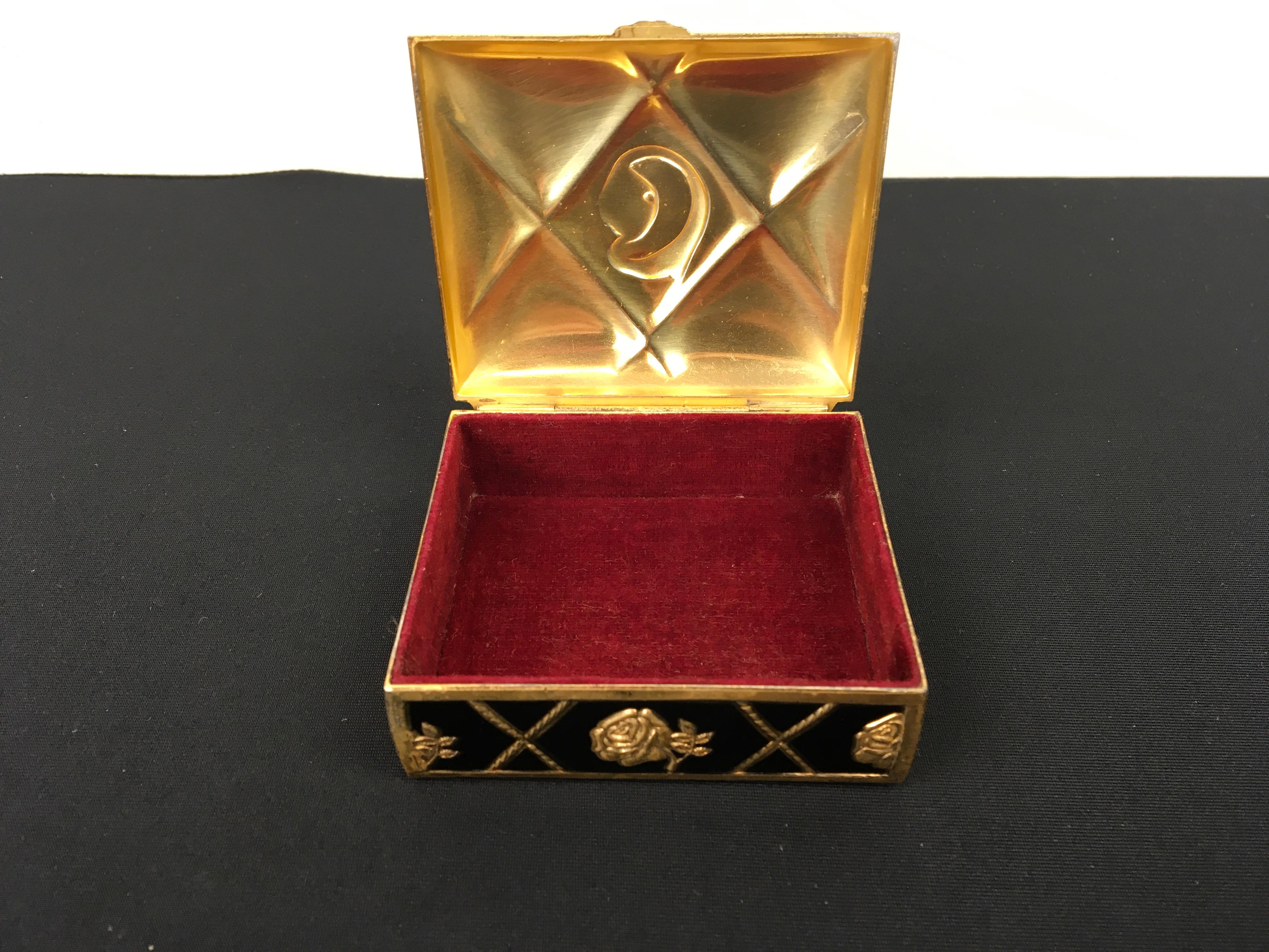 20th Century Black Gold Metal Jewelry Box or Trinket Box with Roses For Sale