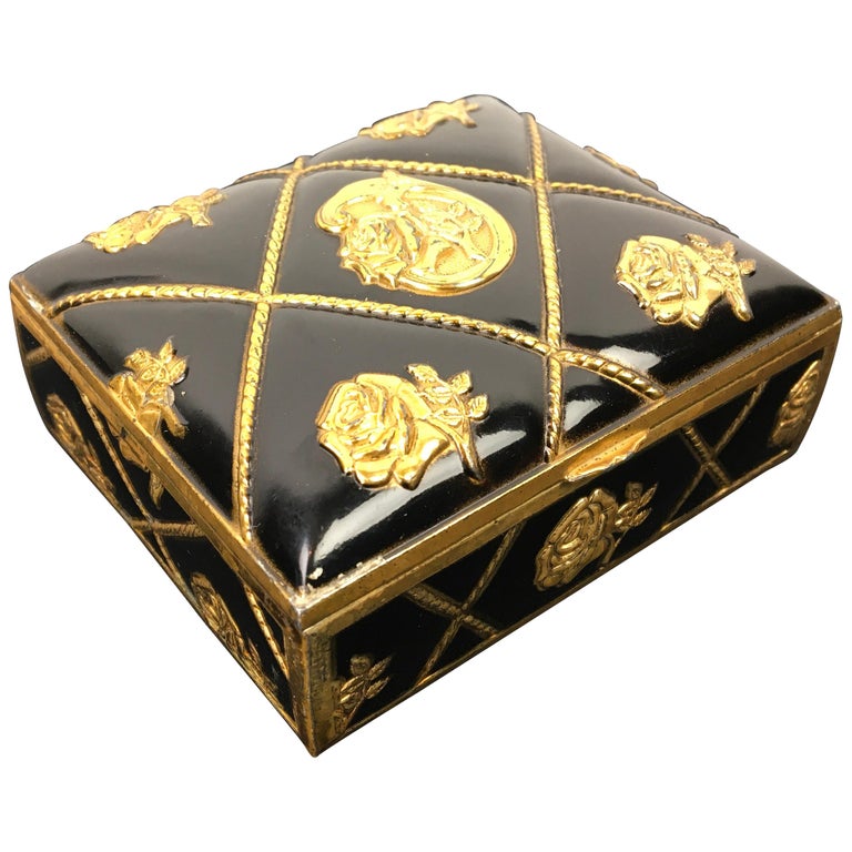Black Gold Metal Jewelry Box or Trinket Box with Roses For Sale at