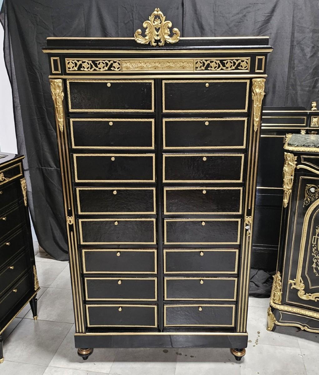 Black Gold Napoleon III Cartonnier Cabinet with 16 Compartments France 19th Cent For Sale 3