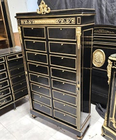 Black Gold Napoleon III Cartonnier Cabinet with 16 Compartments France 19th Cent