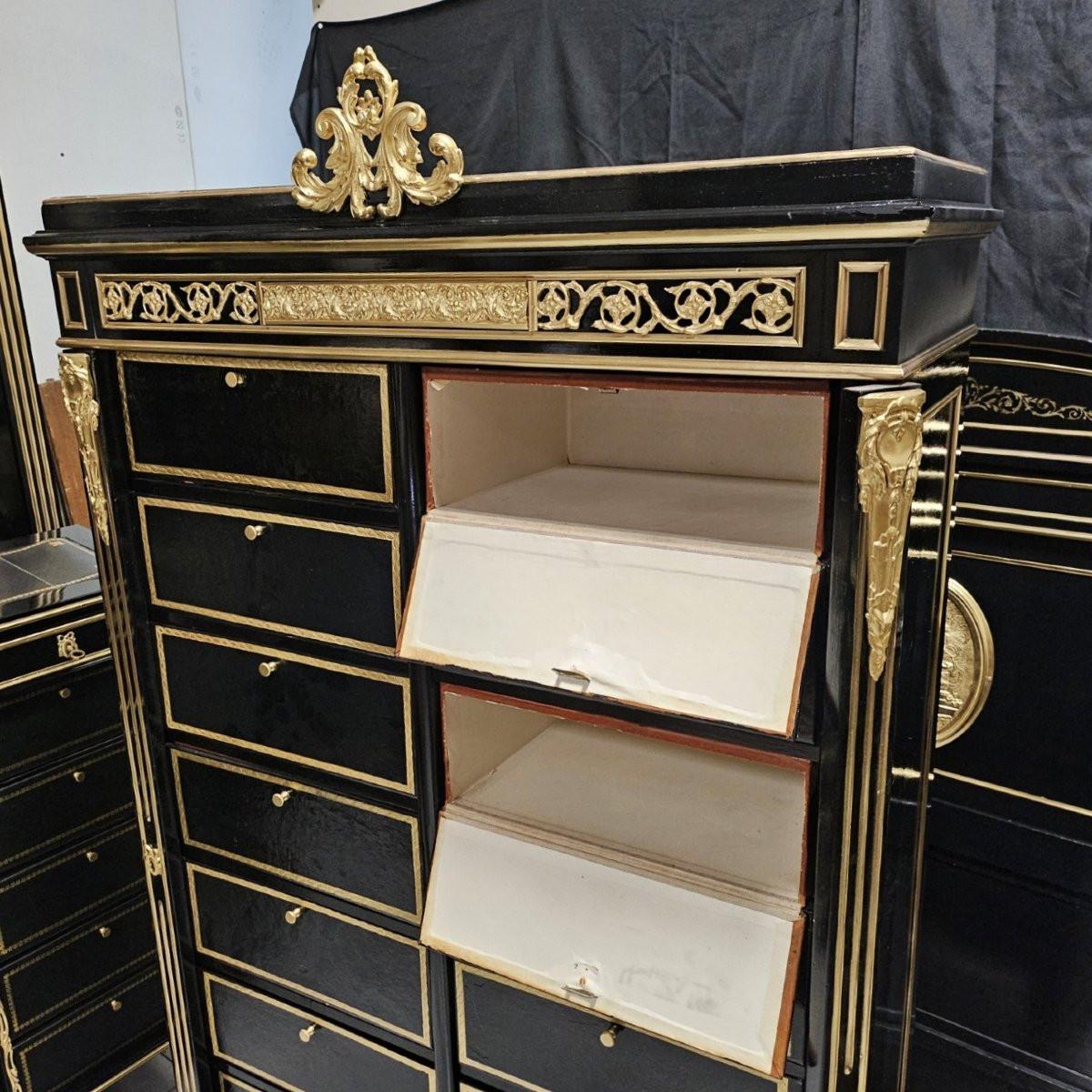 Blackened Black Gold Napoleon III Cartonnier Cabinet with 16 Compartments France 19th Cent For Sale