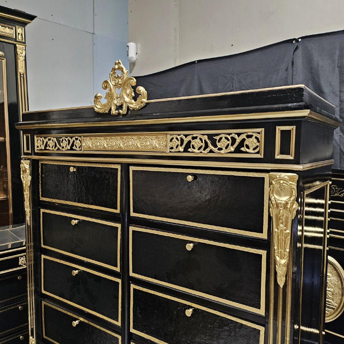 Black Gold Napoleon III Cartonnier Cabinet with 16 Compartments France 19th Cent In Good Condition For Sale In Paris, FR