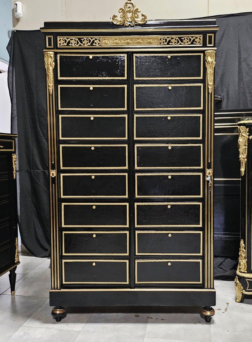 Bronze Black Gold Napoleon III Cartonnier Cabinet with 16 Compartments France 19th Cent For Sale