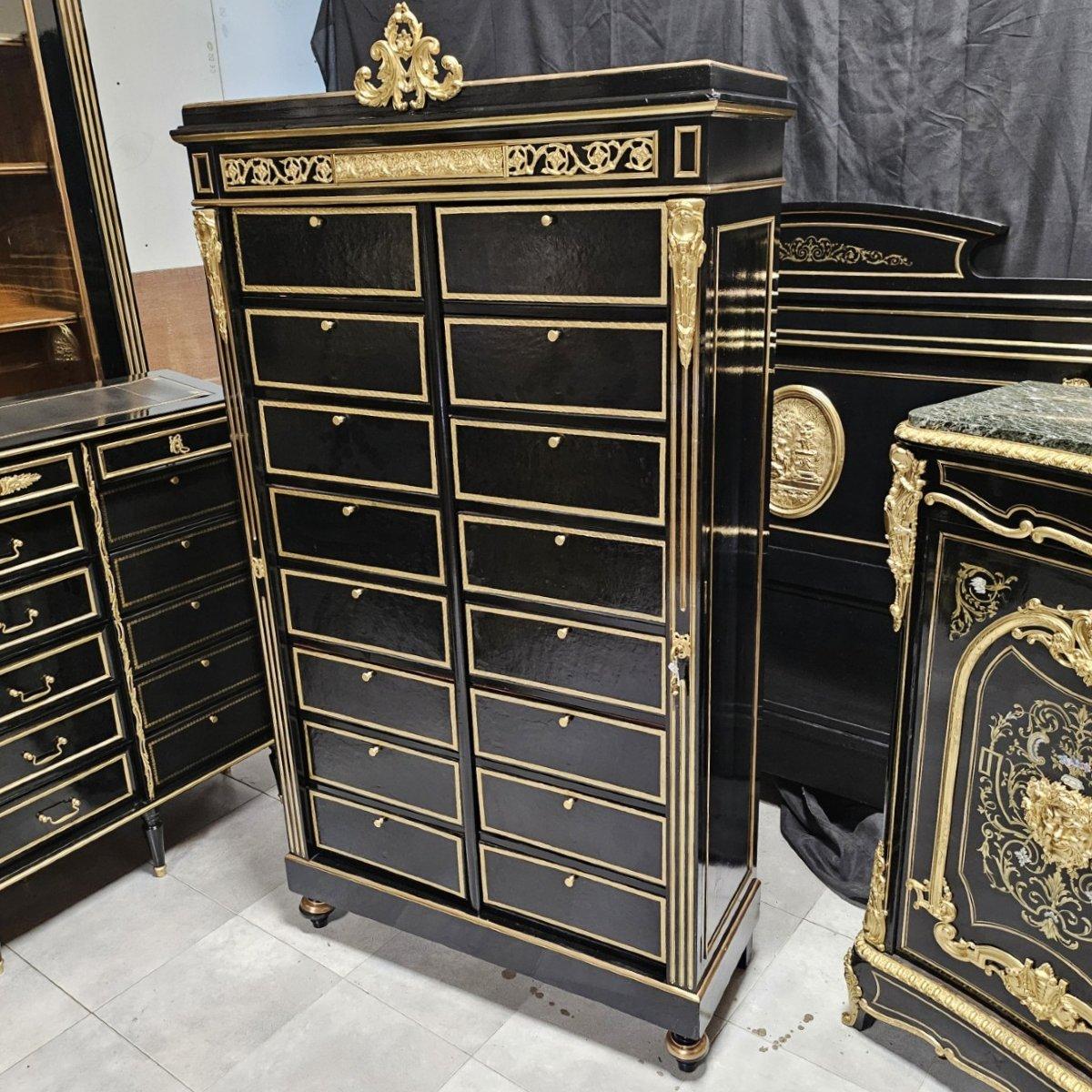 Black Gold Napoleon III Cartonnier Cabinet with 16 Compartments France 19th Cent For Sale 2