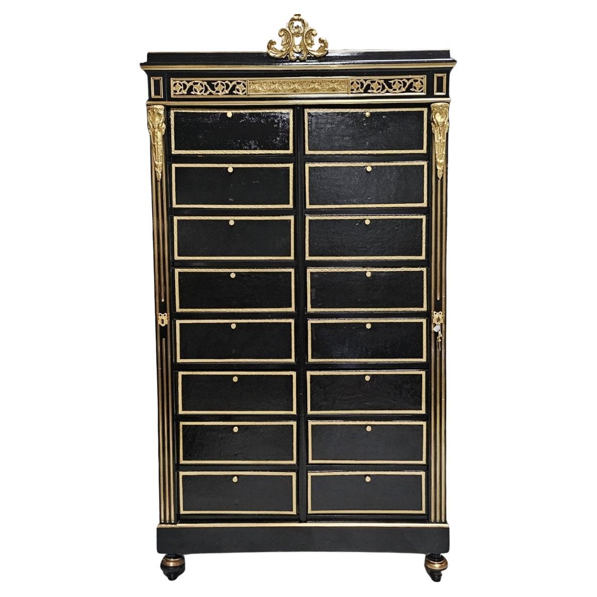 Black Gold Napoleon III Cartonnier Cabinet with 16 Compartments France 19th Cent For Sale