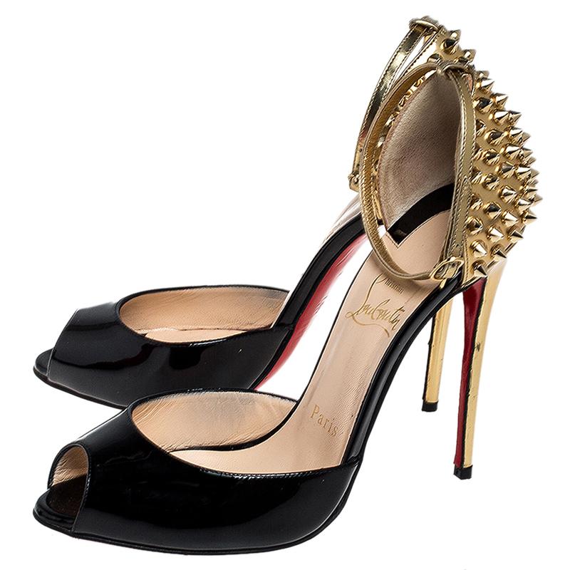 Black/Gold Patent Leather Pina Spike Peep Toe Ankle Strap Sandals Size 36.5 In Good Condition In Dubai, Al Qouz 2
