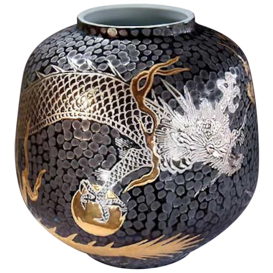 Japanese Contemporary Black Gold Platinum Porcelain Vase by Master Artist