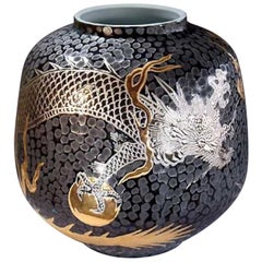 Japanese Contemporary Black Gold Platinum Porcelain Vase by Master Artist