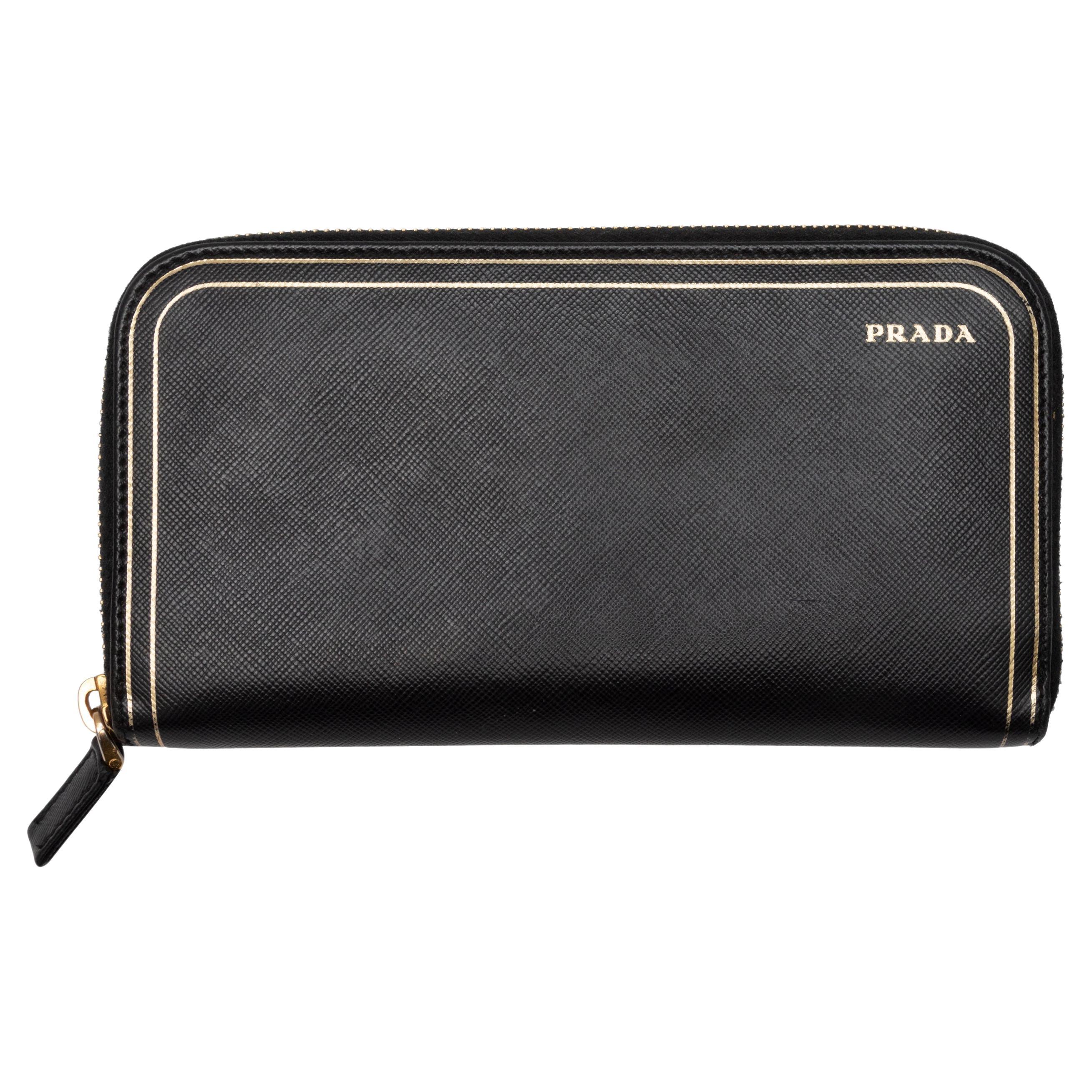 Black and Gold Prada Leather Continental Zip Wallet For Sale at 1stDibs