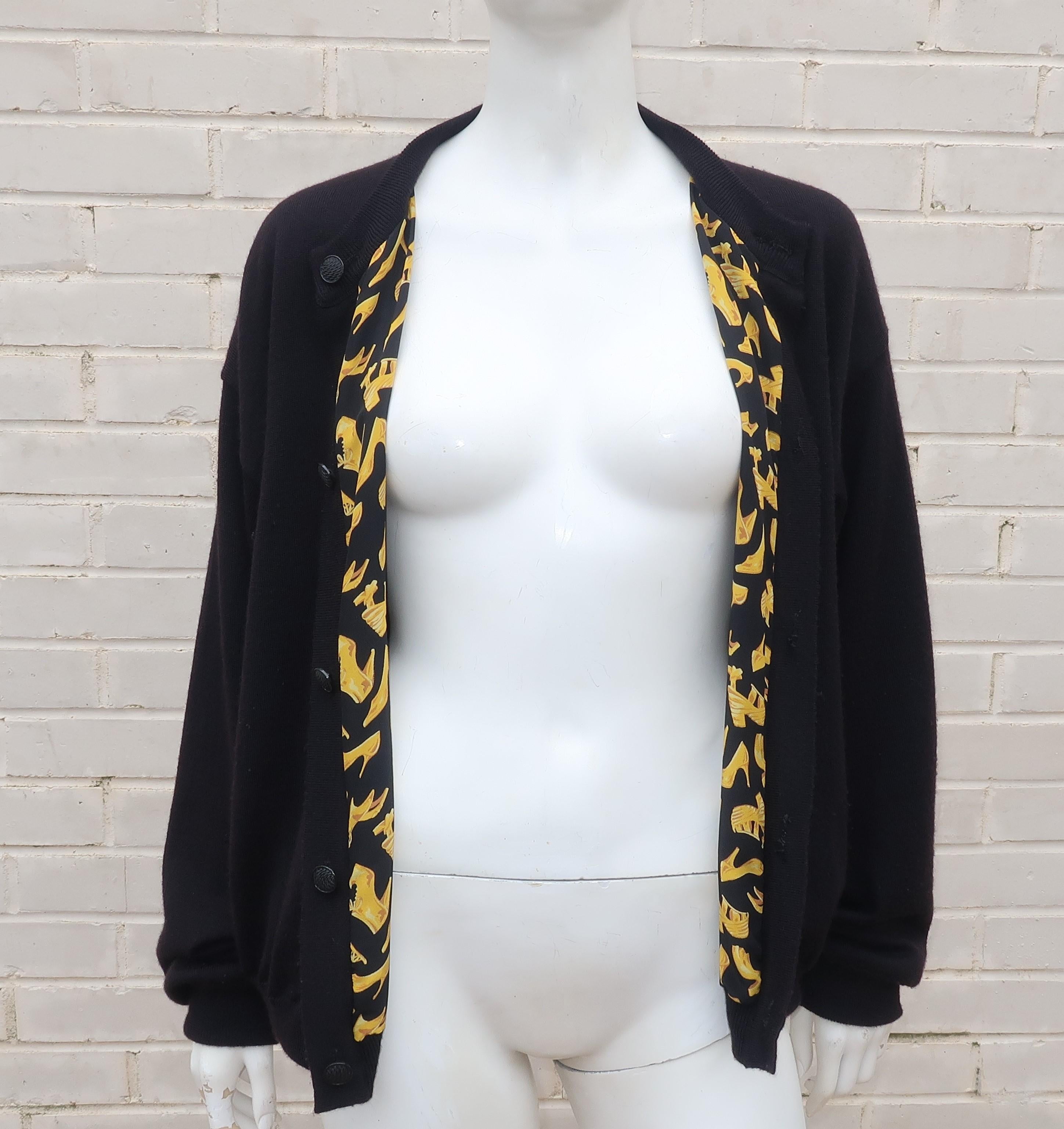 Black & Gold Silk Shoe Print Reversible Sweater Jacket 7