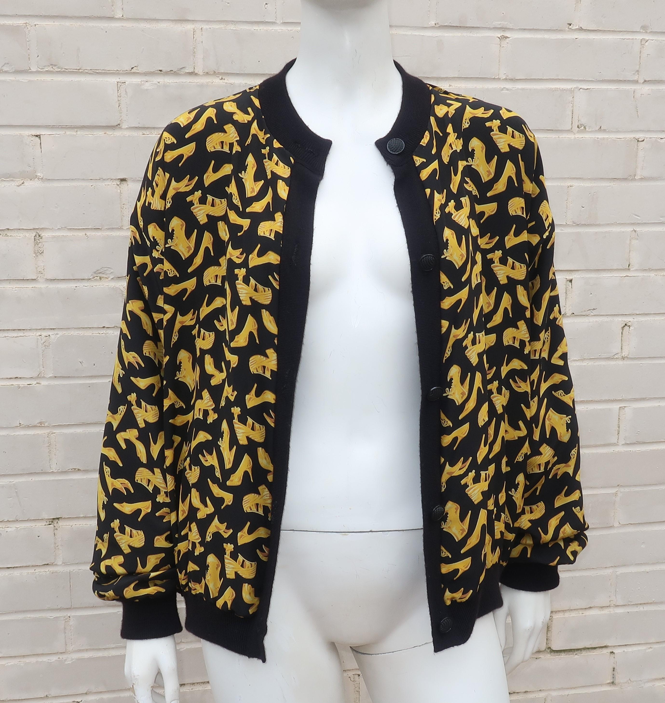 Black & Gold Silk Shoe Print Reversible Sweater Jacket In Fair Condition In Atlanta, GA
