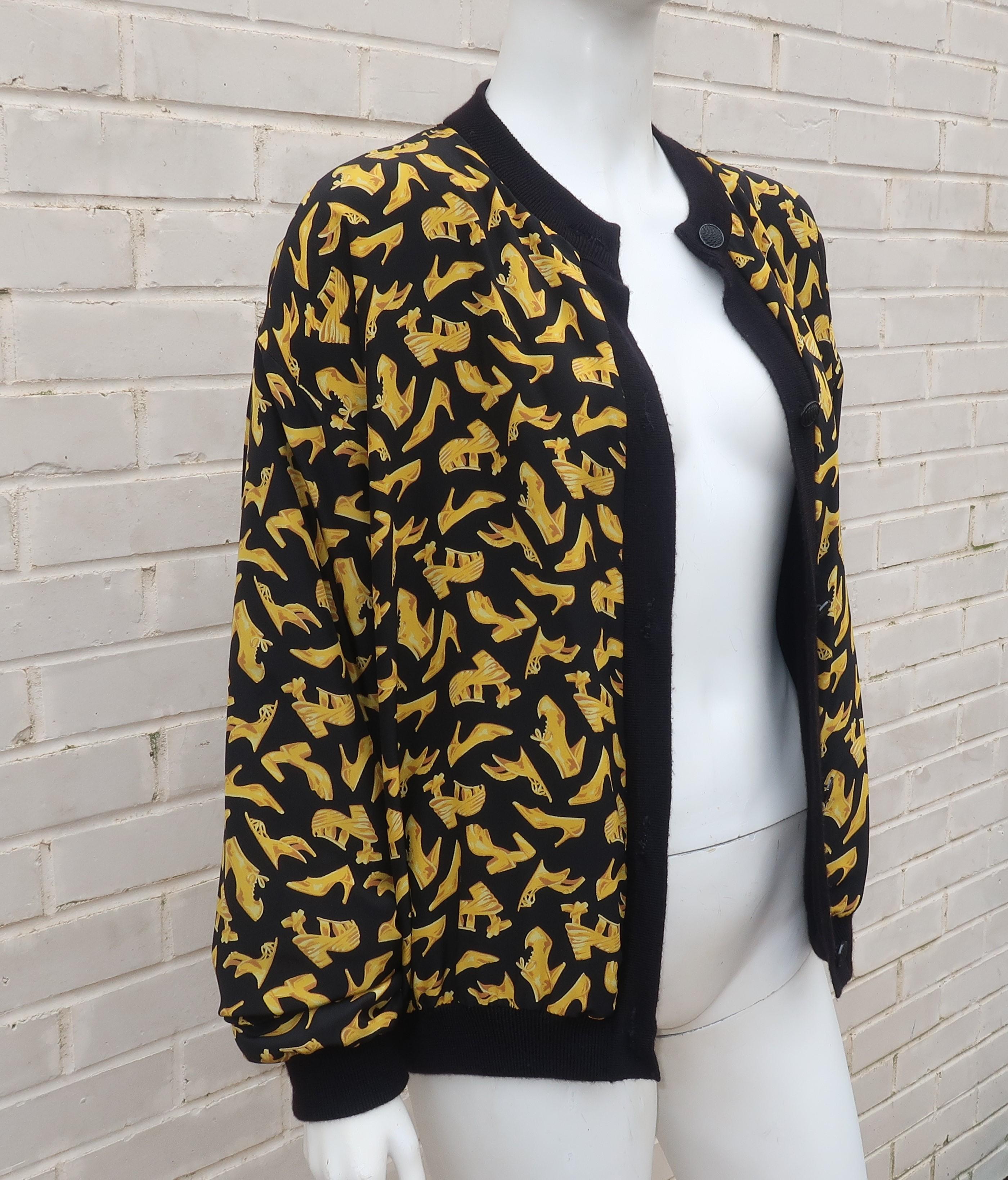 Women's Black & Gold Silk Shoe Print Reversible Sweater Jacket