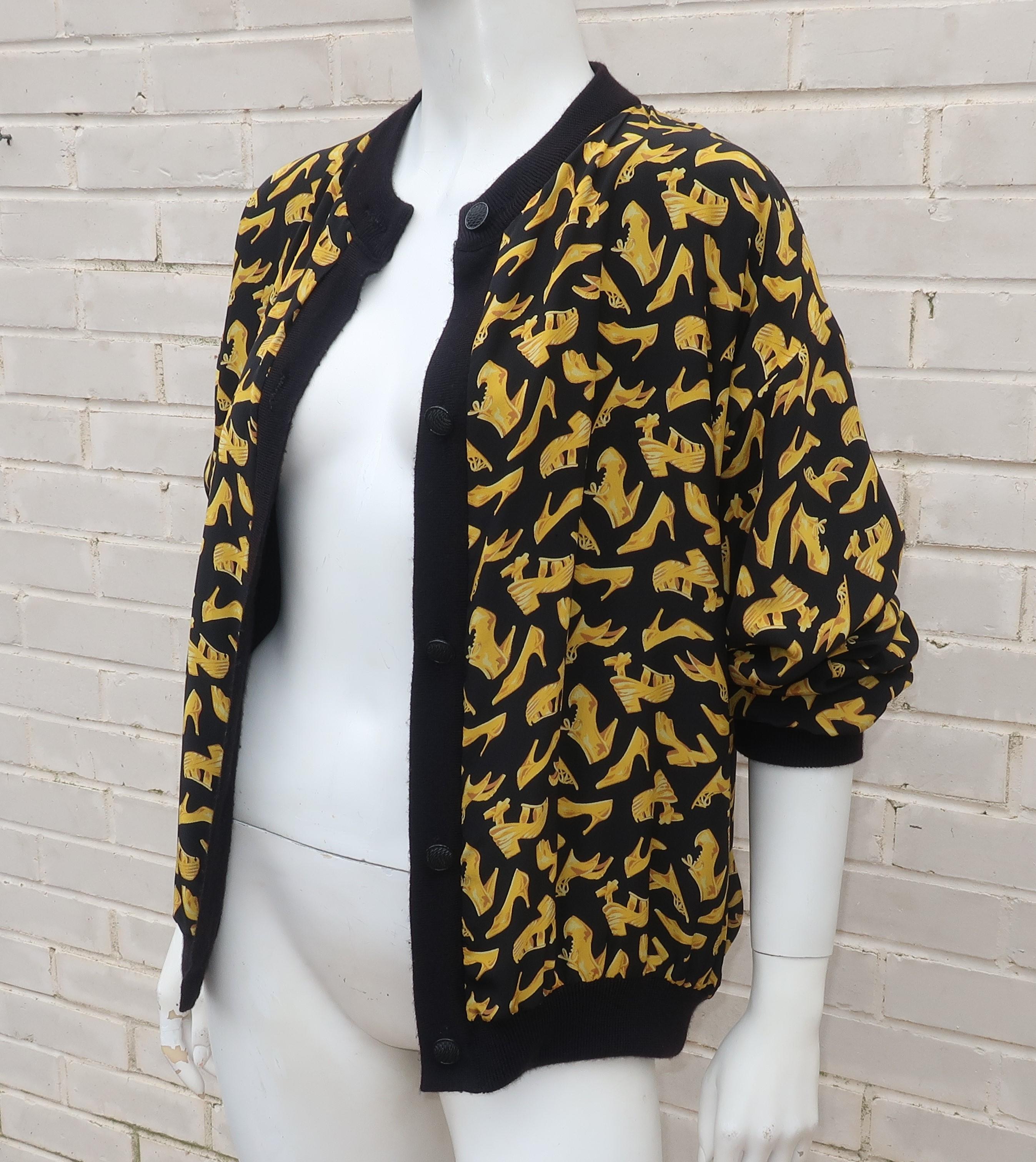 Black & Gold Silk Shoe Print Reversible Sweater Jacket 1