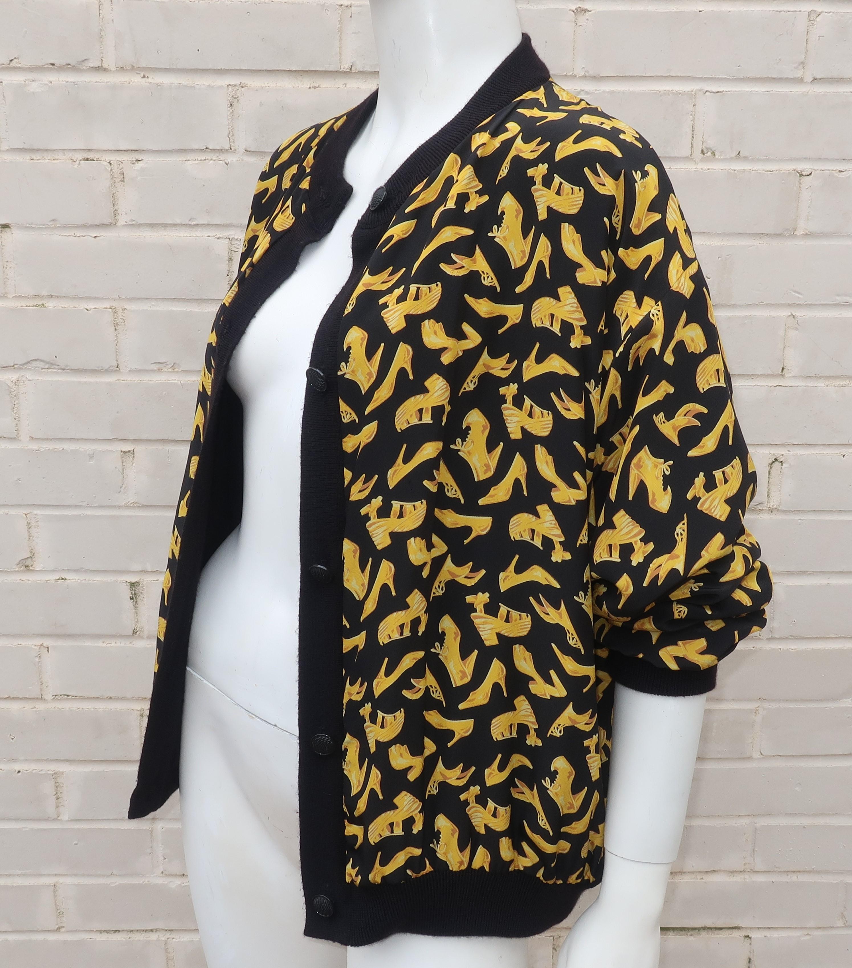 Black & Gold Silk Shoe Print Reversible Sweater Jacket 2