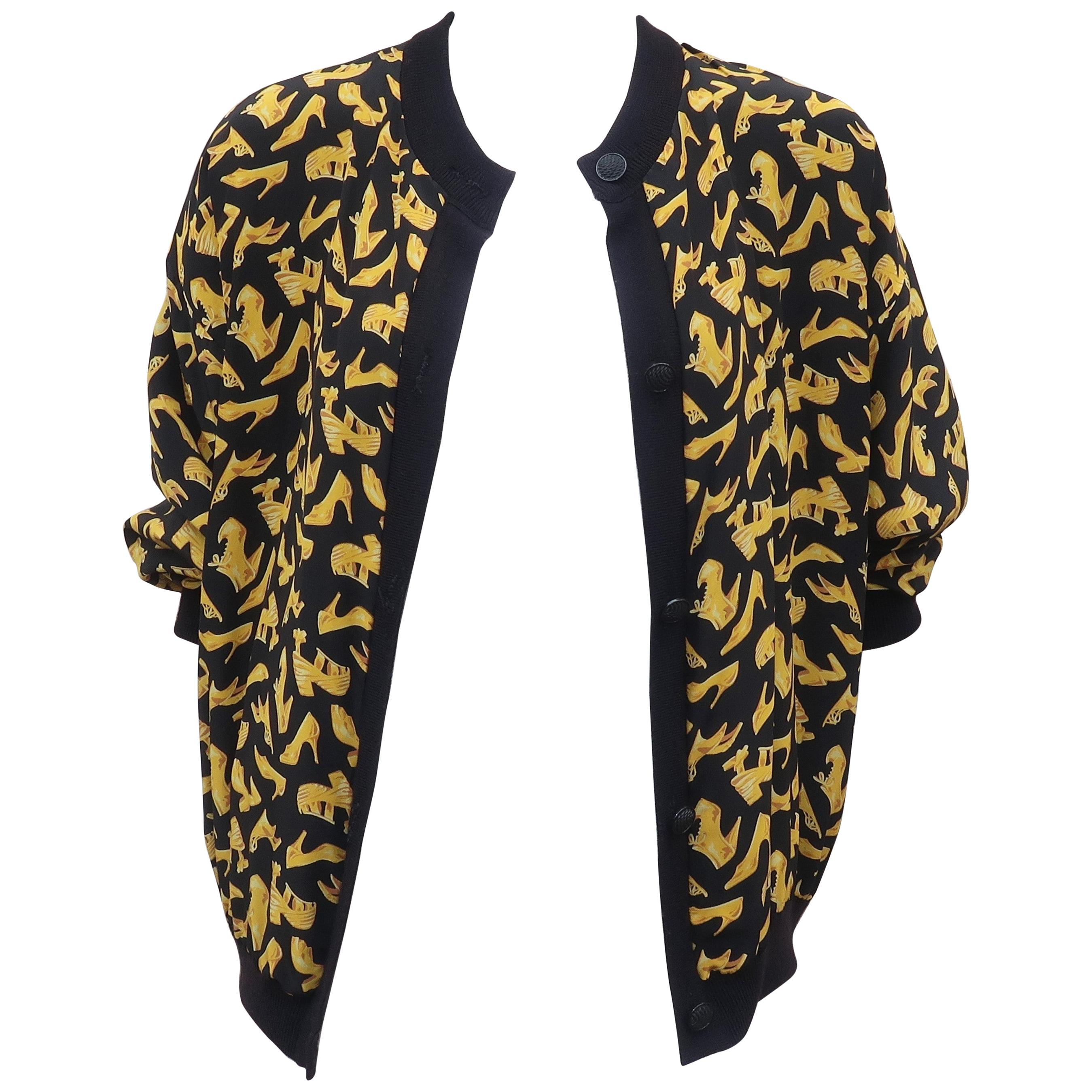 Black & Gold Silk Shoe Print Reversible Sweater Jacket