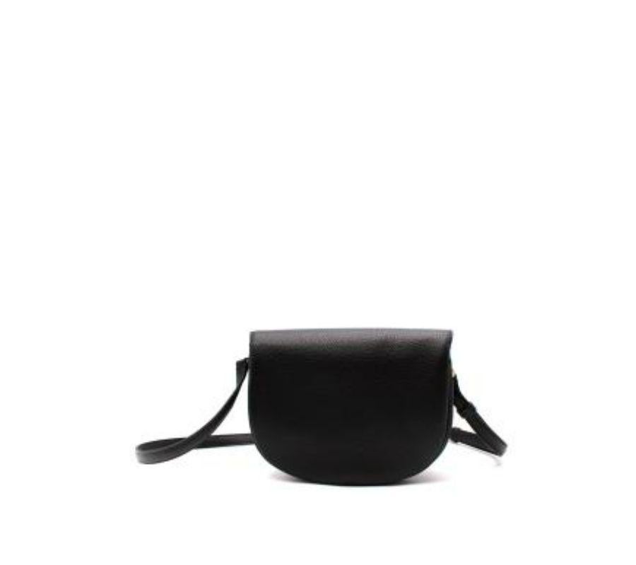 Salvatore Ferragamo Black Grained Leather Gancini Saddle Bag
 
 - Half-shaped crossbody style with 3 sculpted compartments
 - Signature Gancini clasp in gold-tone metal 
 - Lined in Gancini print twill 
 - Adjustable strap 
 
 Materials 
 100% Calf