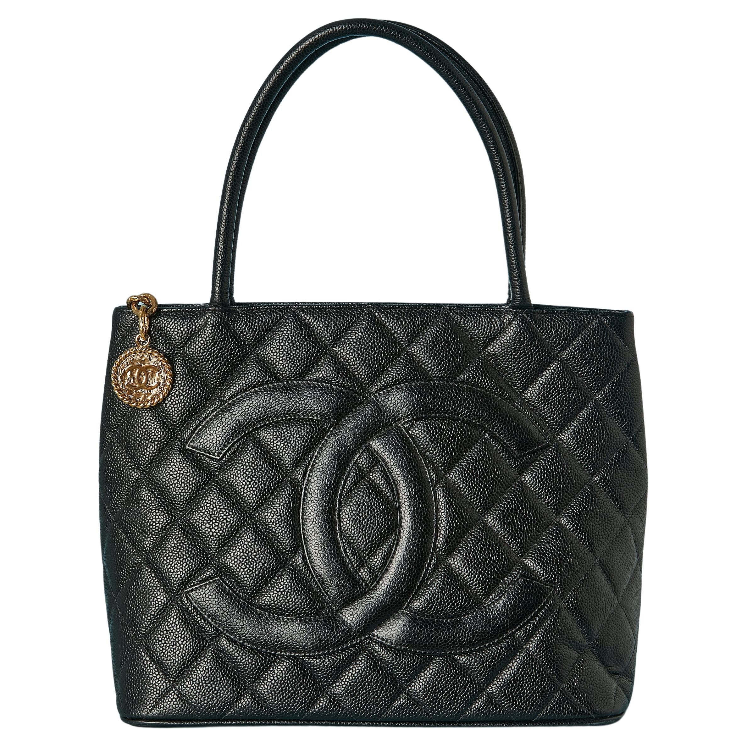 Black grained leather top handle back with top-stitching Chanel 2002/2003 For Sale