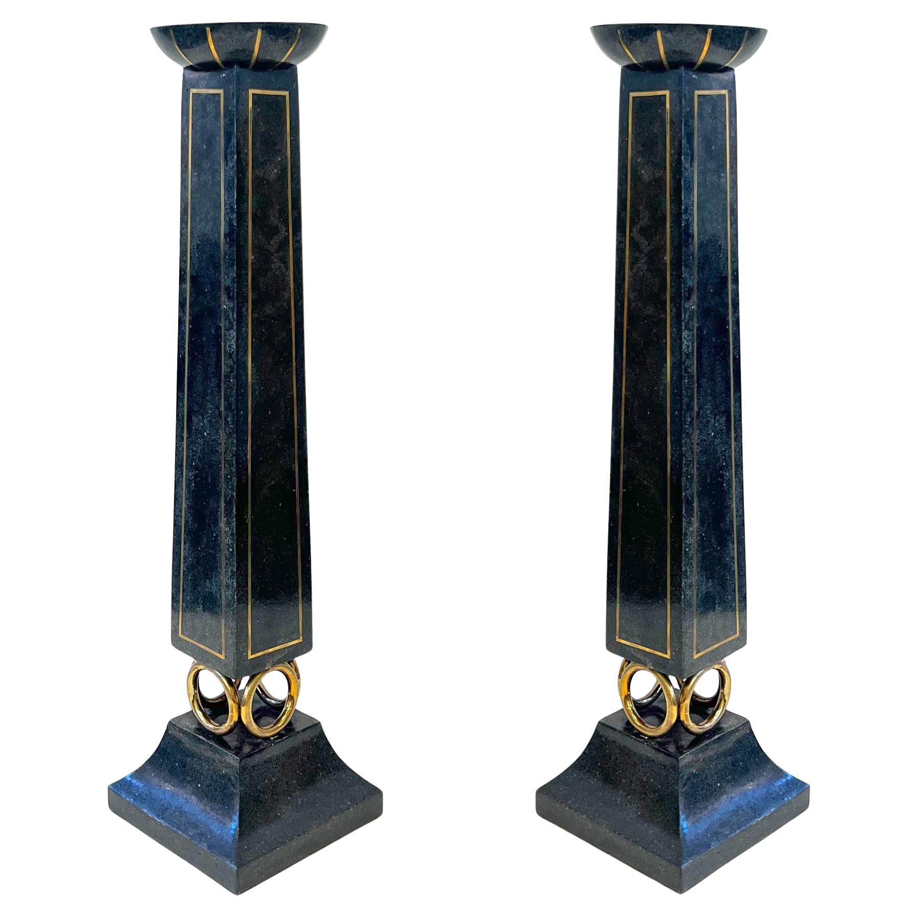 Black Granite & Brass Candle Holders by Maitland
