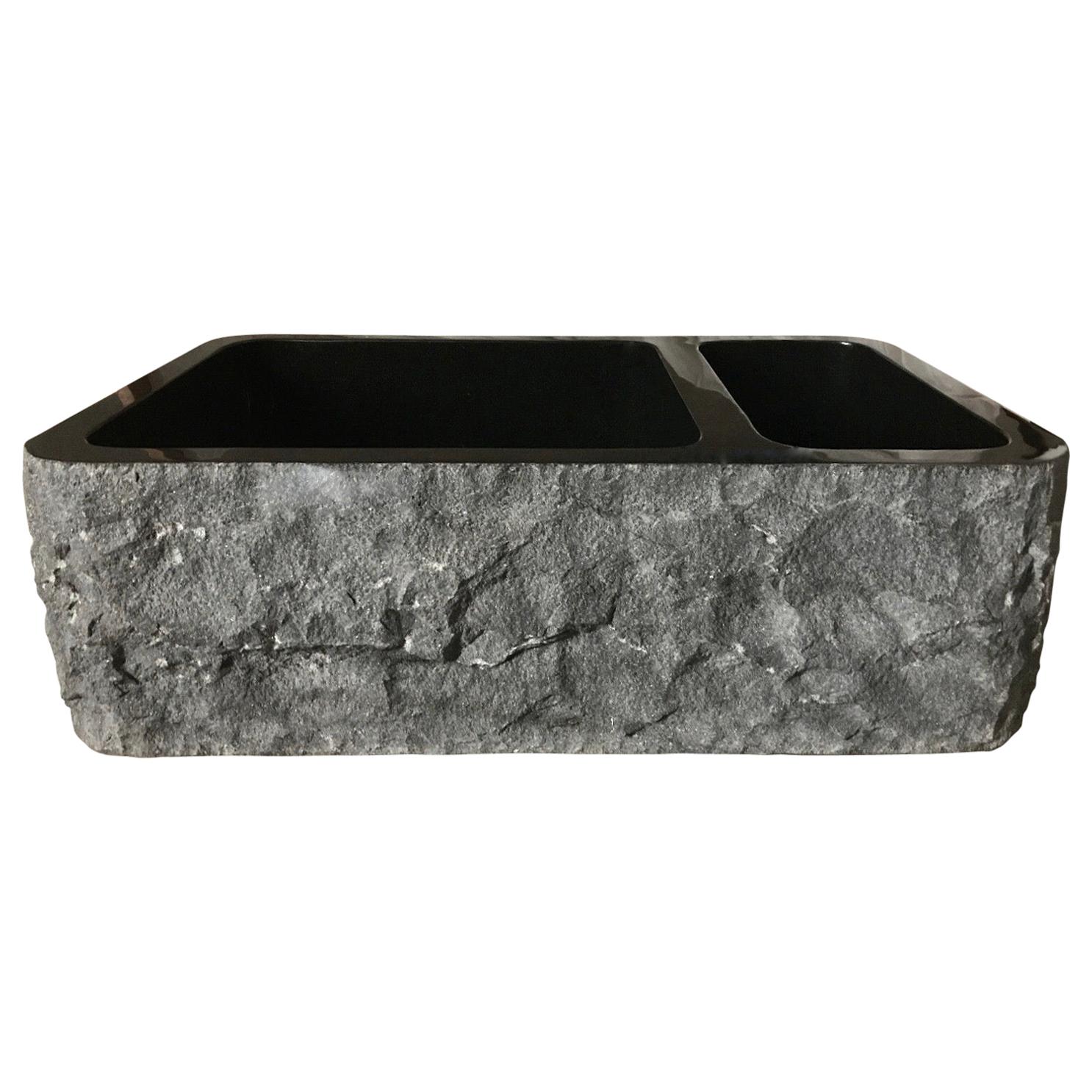 Black Granite Hand Carved Farmhouse Sink, Double Basin, Two-Sided, Polished, New