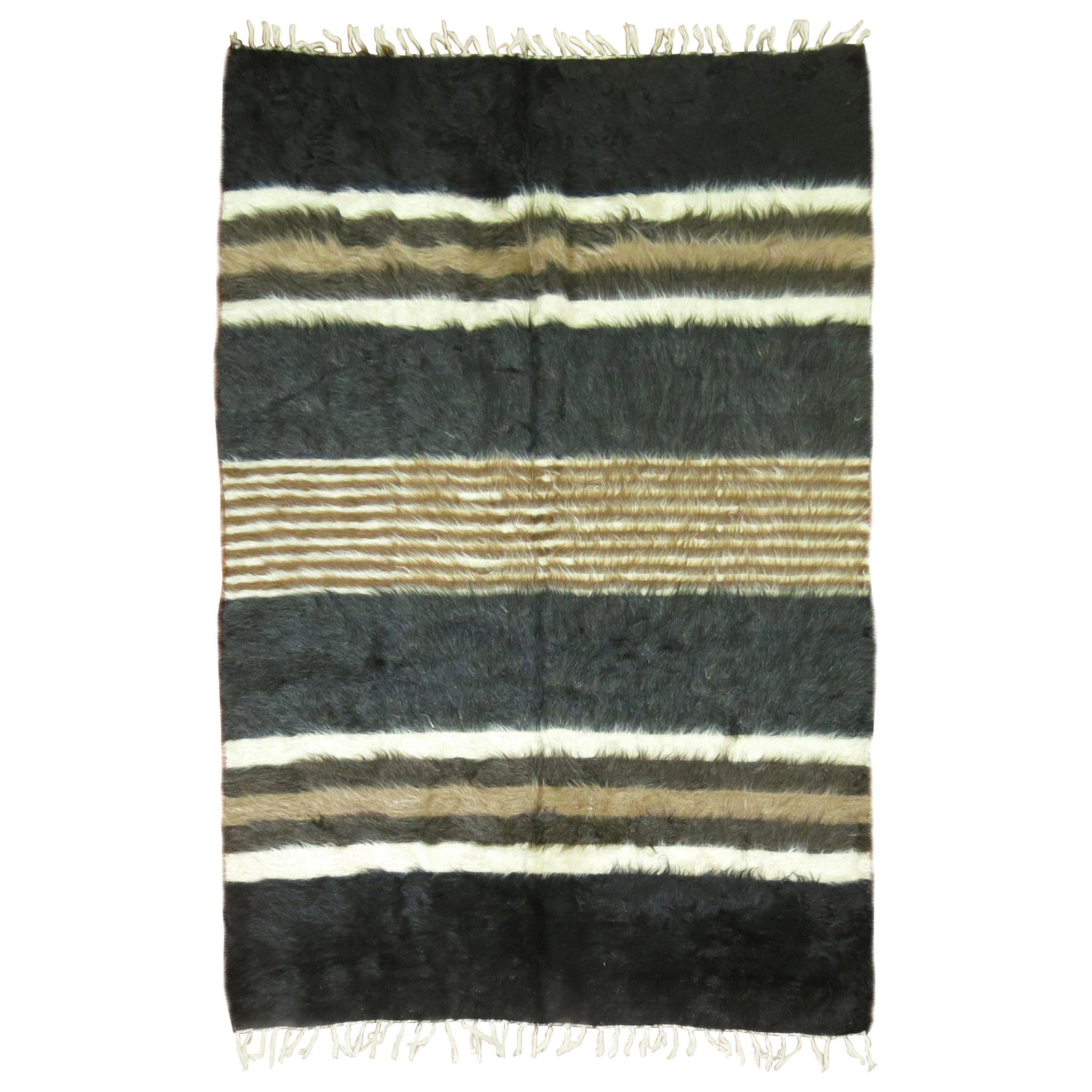 Black Gray Brown Ivory Plush Organic Vintage Mohair Wool Rug