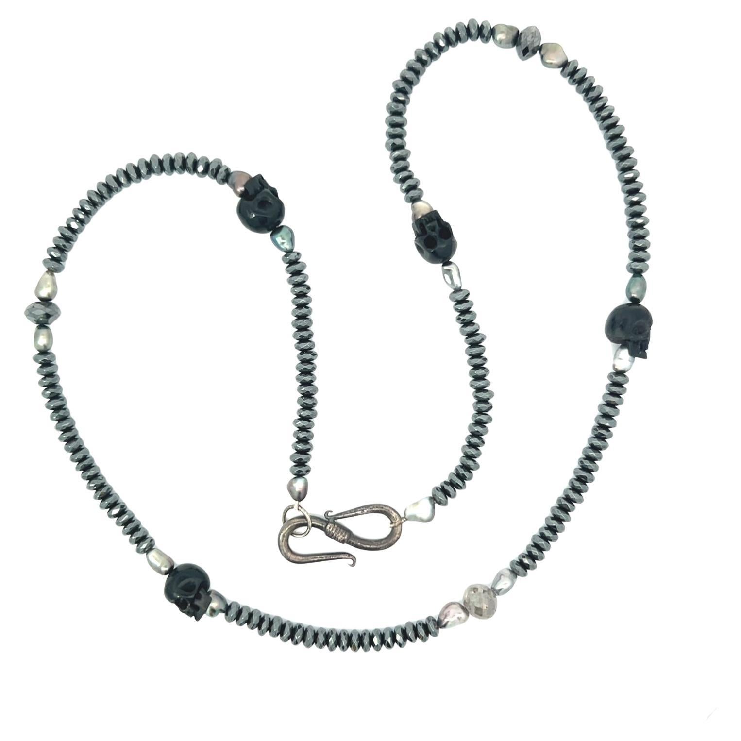 Black Gray Diamond Beads Hematite Keshi Pearls Skulls Sterling Silver Necklace