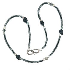 Black Gray Diamond Beads Hematite Keshi Pearls Skulls Sterling Silver Necklace