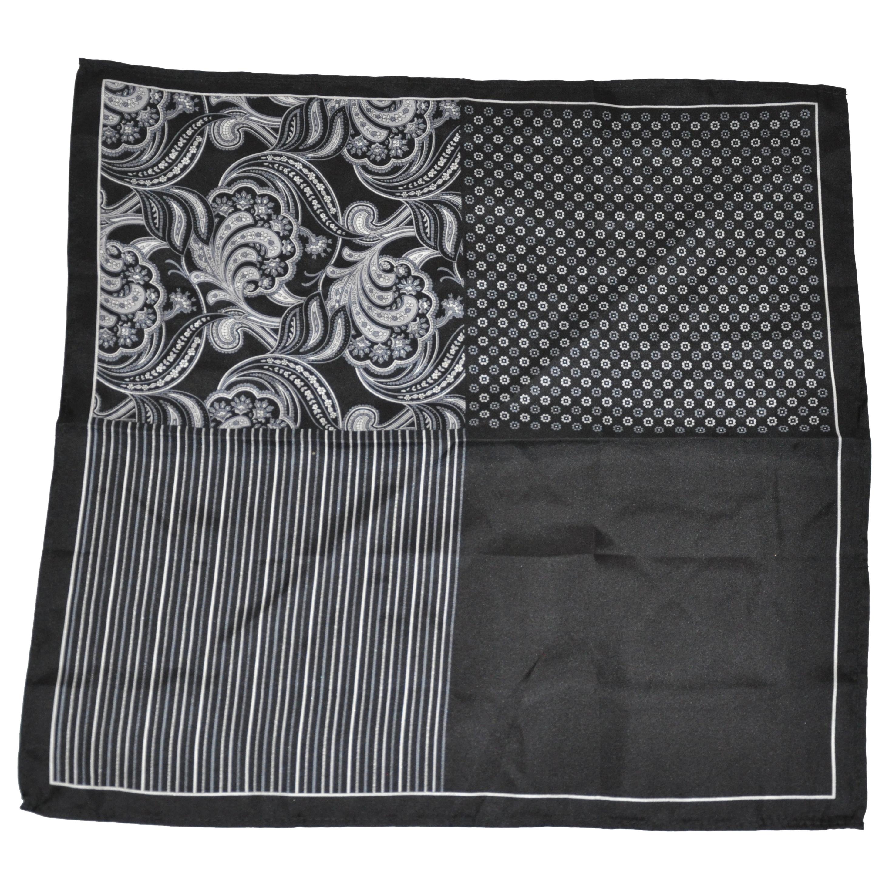 Mouchoir à main en soie noir et gris « Four Frame » avec bords roulés à la main