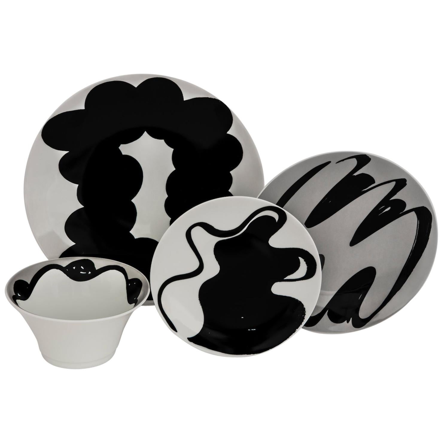 Black Gray French Limoges 4-Piece Porcelain Dinner Setting, Plates and Bowl For Sale
