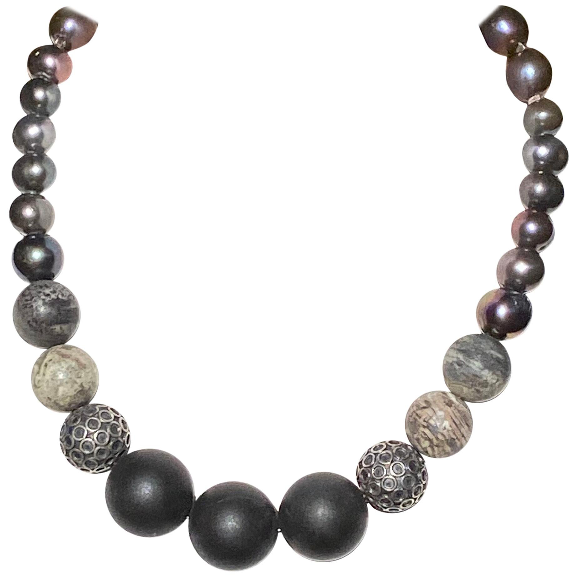 Black & Gray FWCP Pearls with Black Onyx Beads in a Small Choker Silver Necklace For Sale