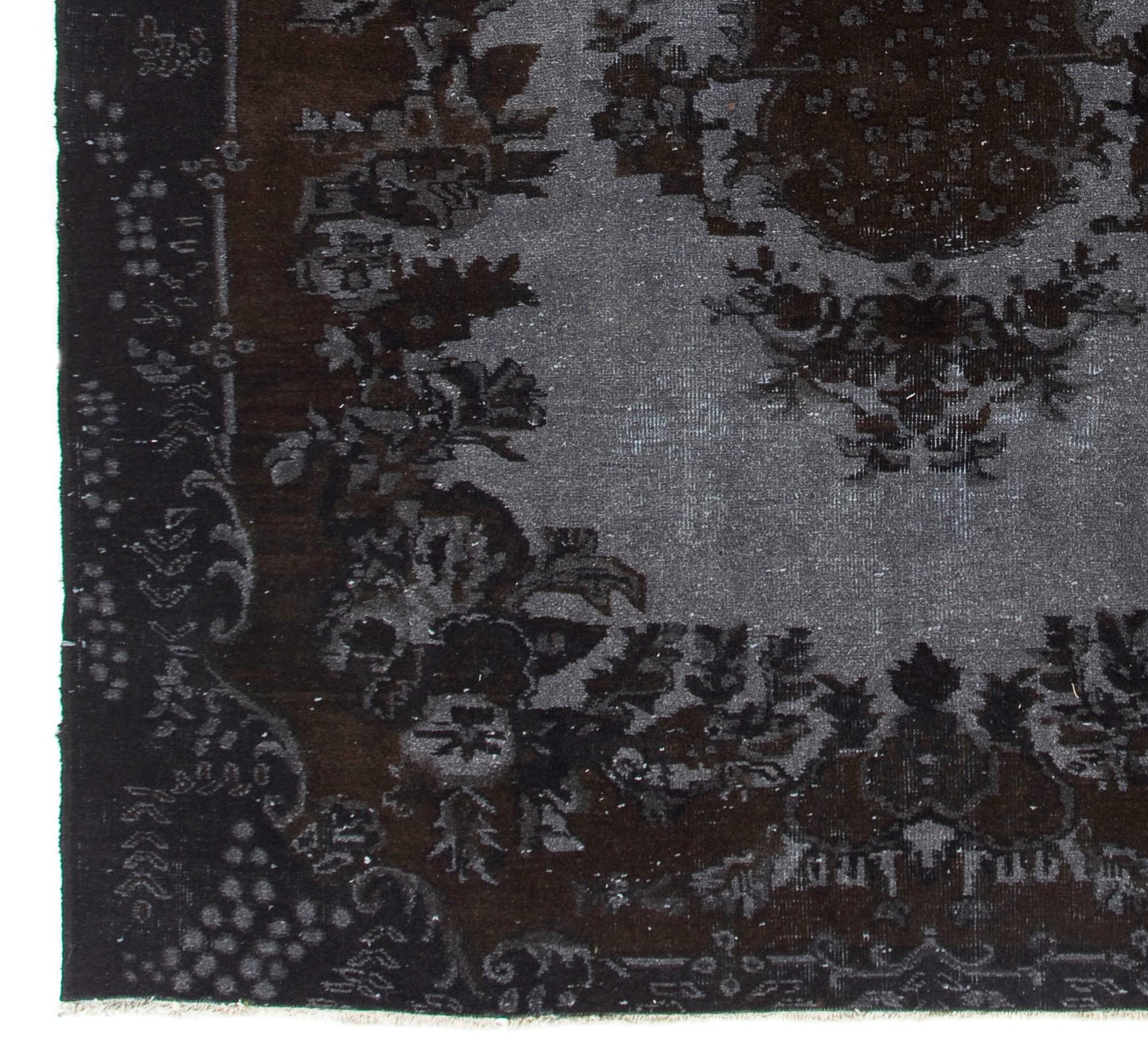 Modern 6.7x9.7 Ft Black Over-Dyed Handmade Vintage Turkish Rug with High and Low Pile