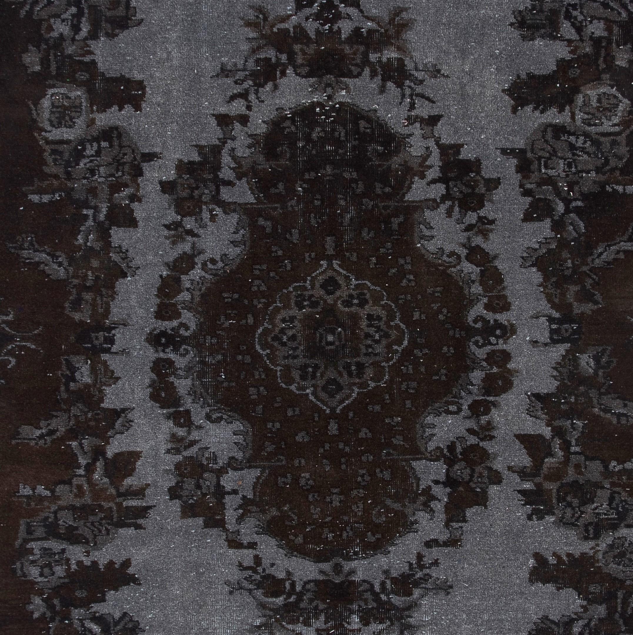 Hand-Knotted 6.7x9.7 Ft Black Over-Dyed Handmade Vintage Turkish Rug with High and Low Pile
