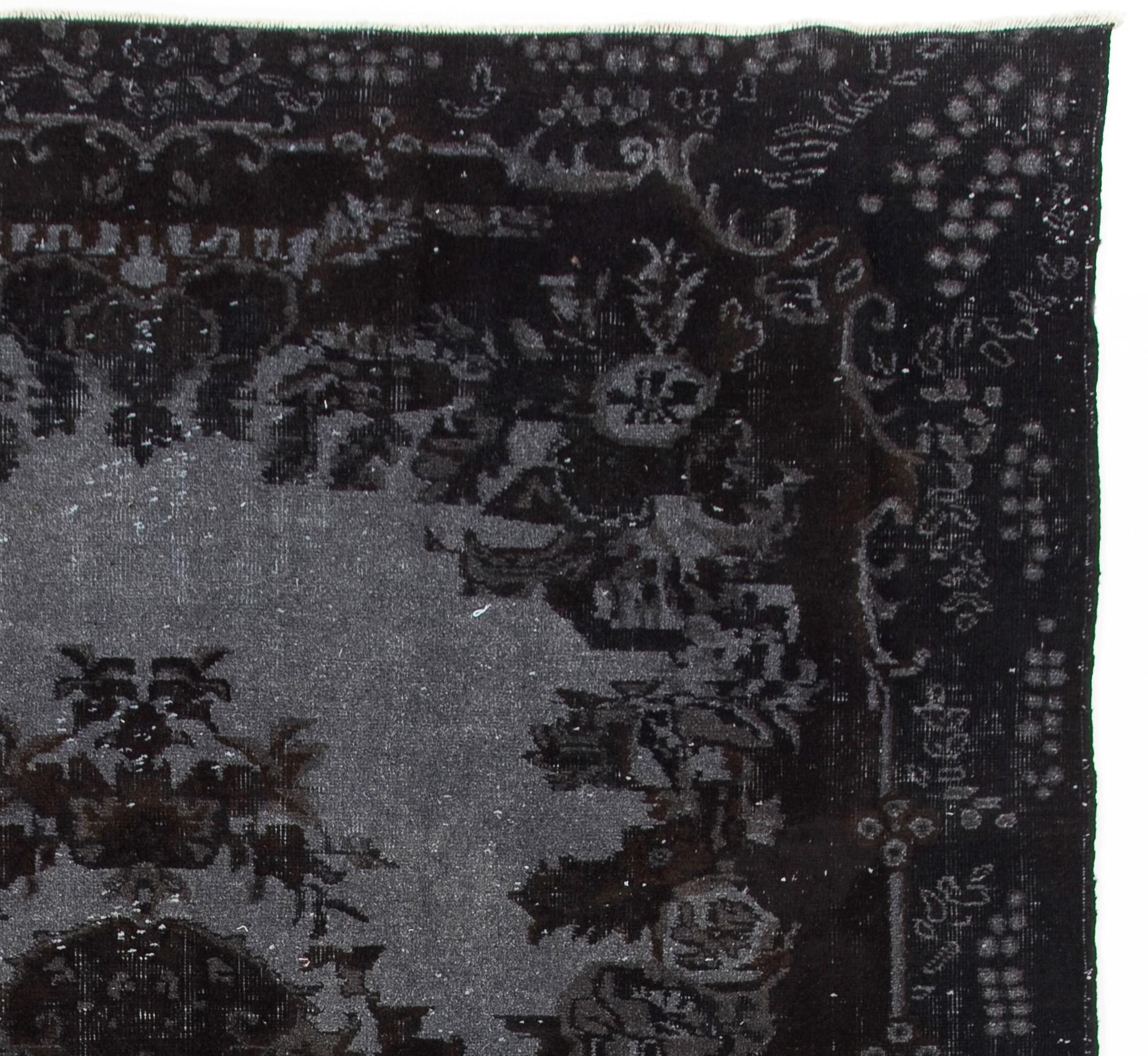 6.7x9.7 Ft Black Over-Dyed Handmade Vintage Turkish Rug with High and Low Pile In Good Condition In Philadelphia, PA