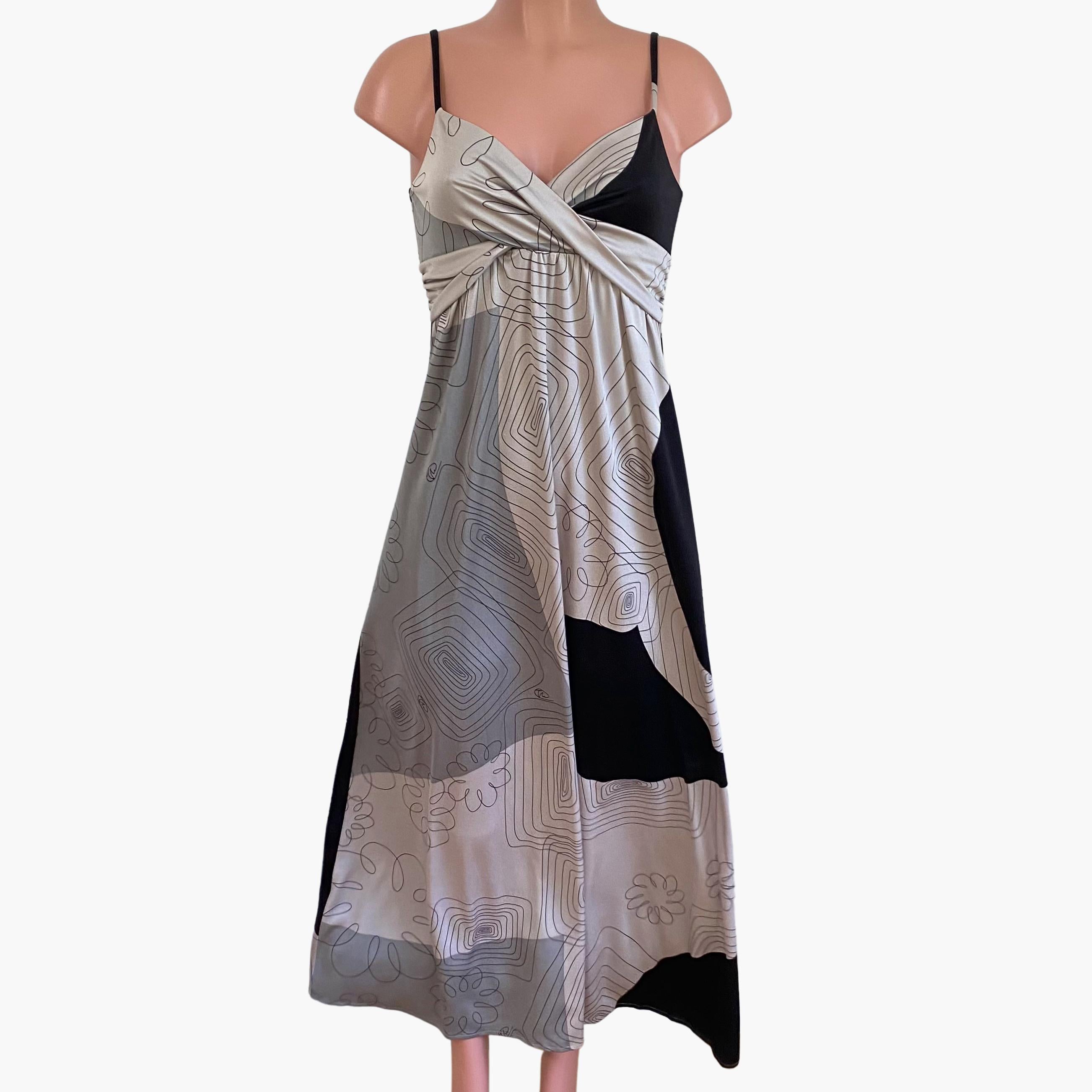 Black gray scribble print FLORA KUNG silk jersey boho maxi dress NWT In New Condition For Sale In Boston, MA