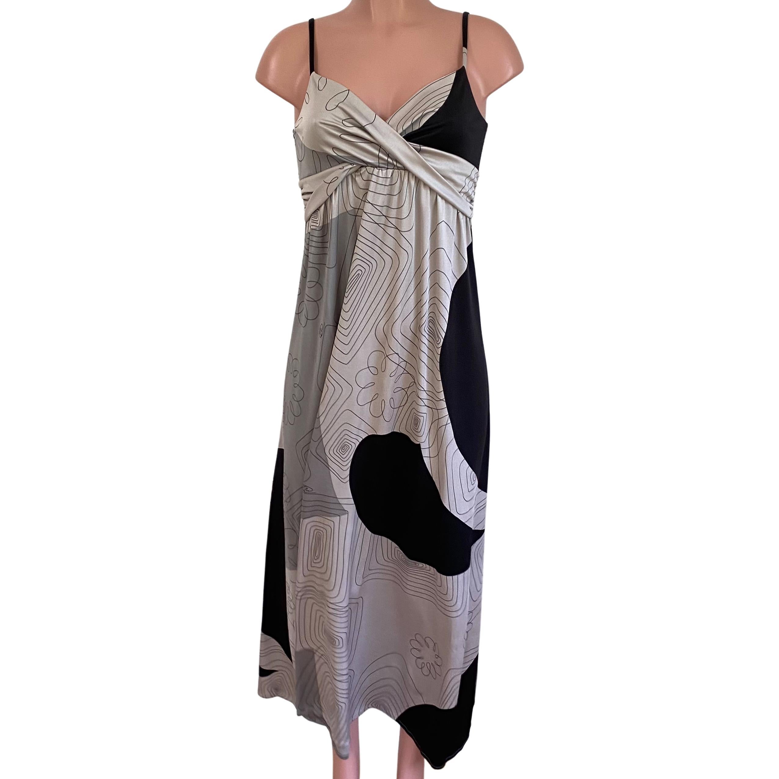 Women's Black gray scribble print FLORA KUNG silk jersey boho maxi dress NWT For Sale