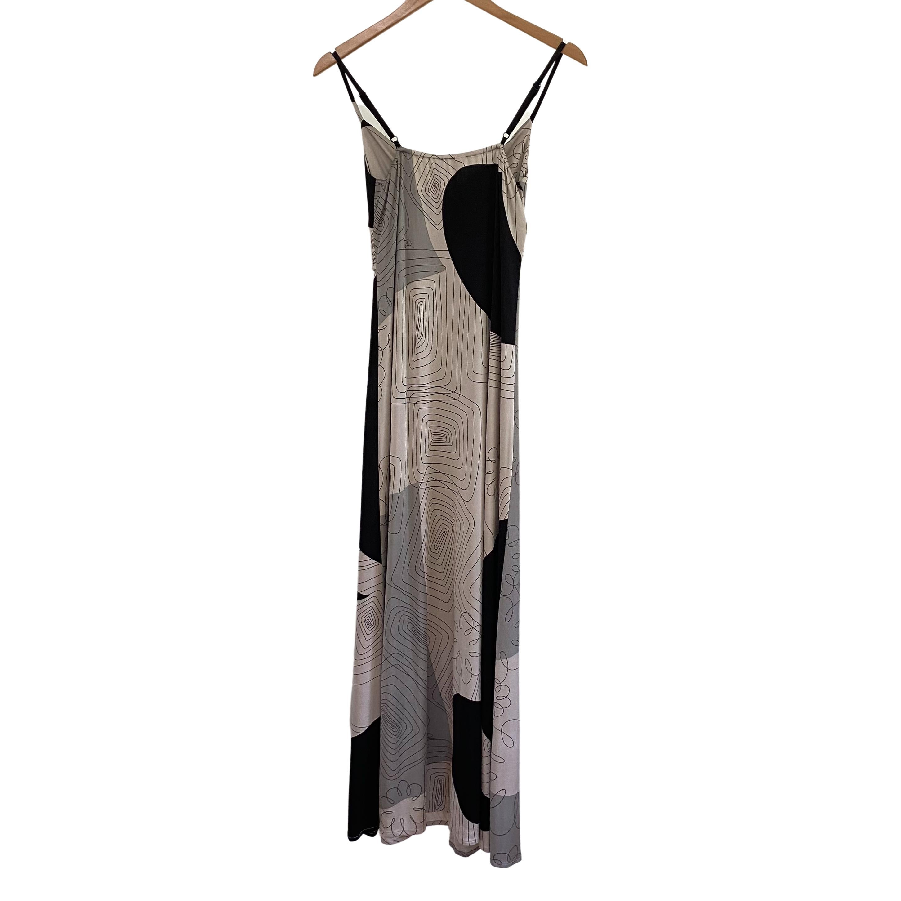 Black gray scribble print FLORA KUNG silk jersey boho maxi dress NWT For Sale 2