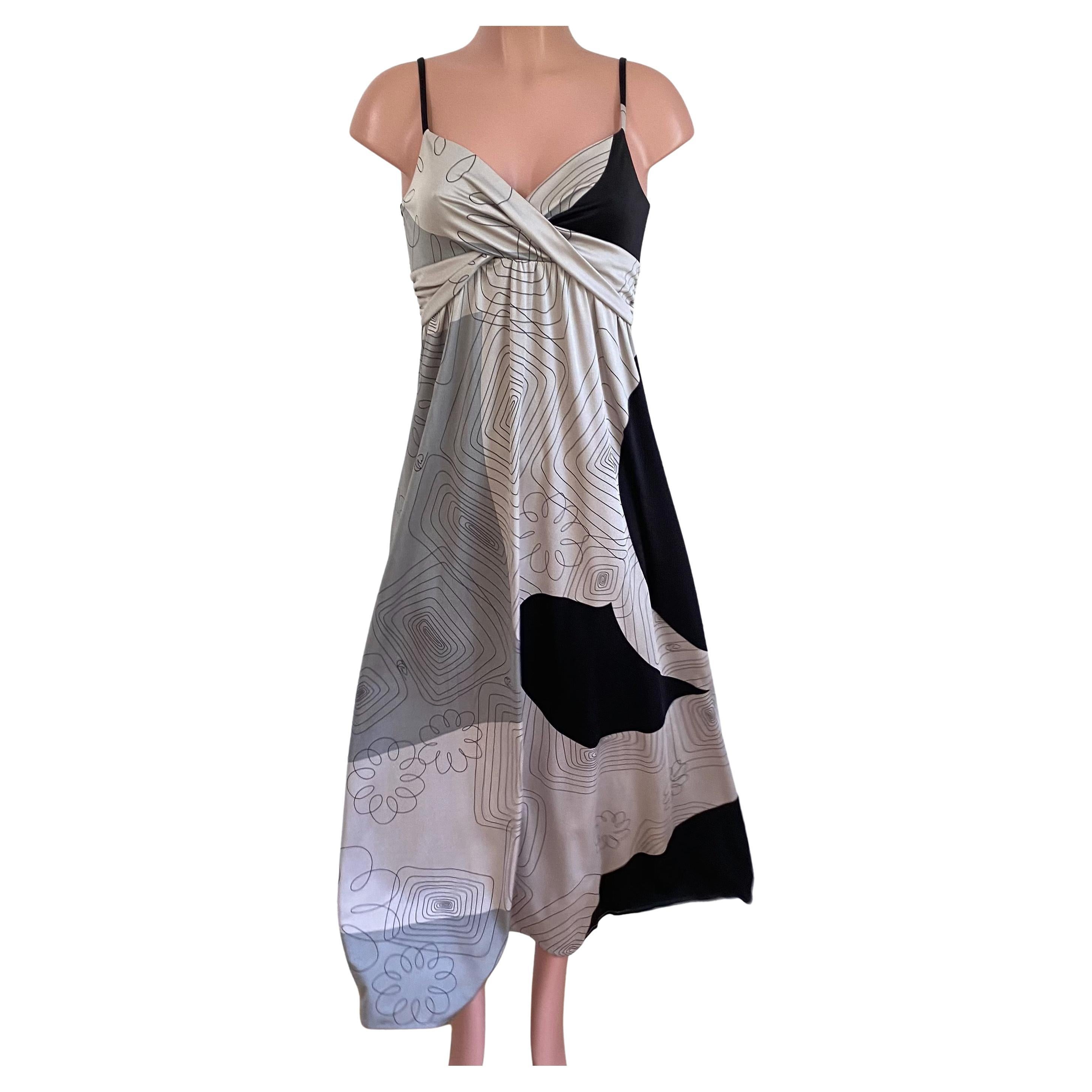 Black gray scribble print FLORA KUNG silk jersey boho maxi dress NWT For Sale