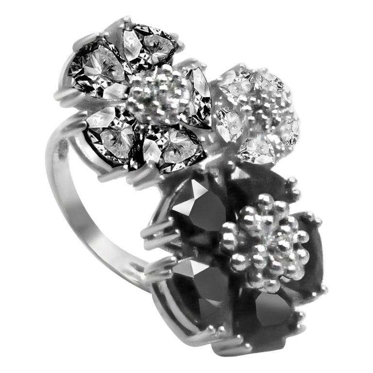 For Sale:  Black & Gray Spinel and White Topaz Trifecta Blossom Stone Ring