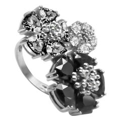 Black & Gray Spinel and White Topaz Trifecta Blossom Stone Ring